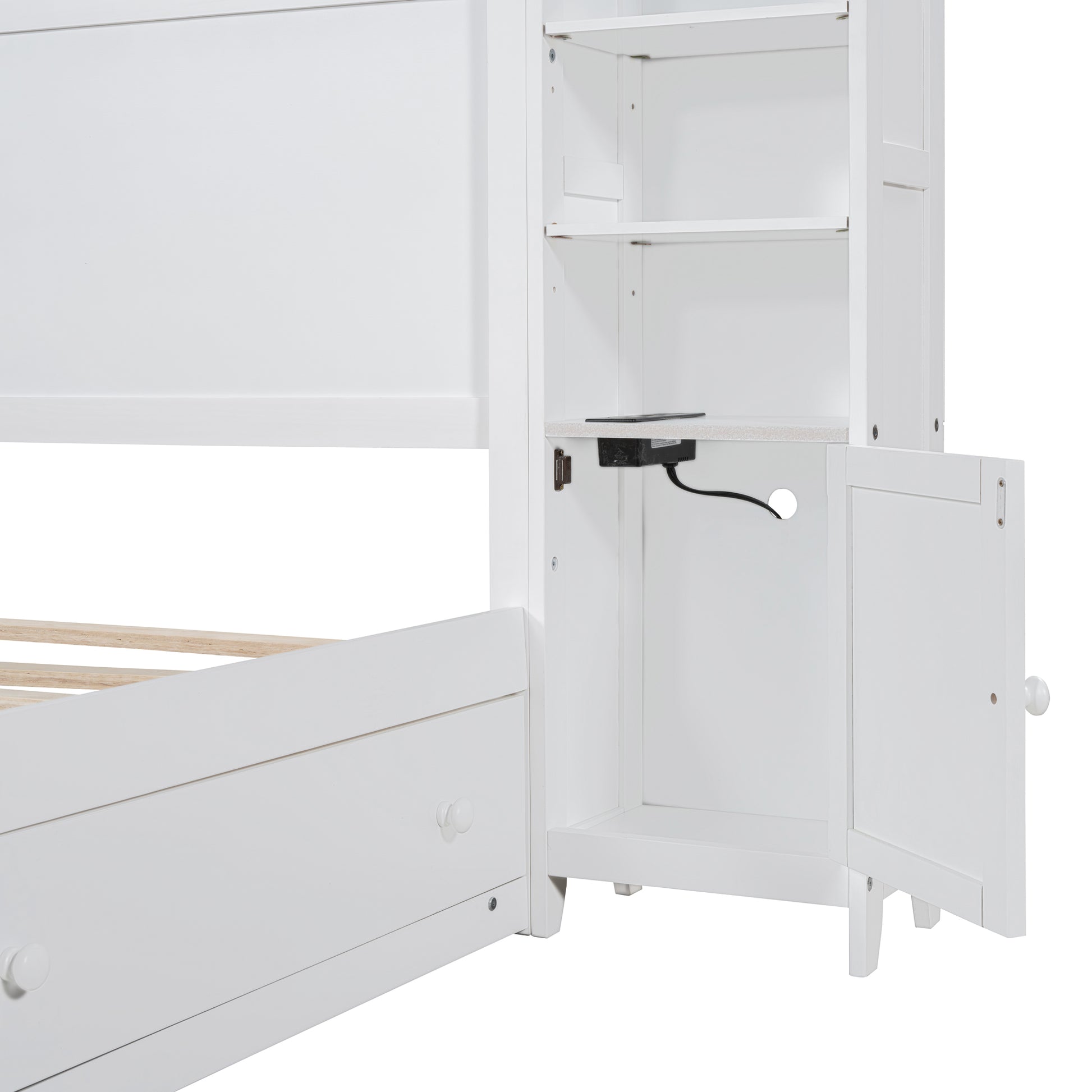 White wooden twin bed frame with integrated storage cabinet and shelving