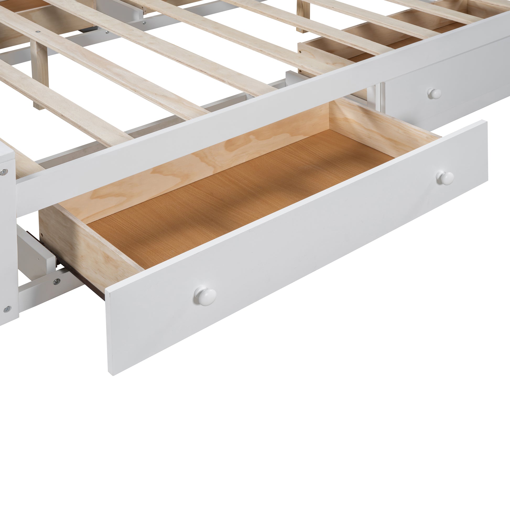 White twin bed frame with open storage drawer and wooden slats