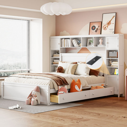 White wooden bed frame with builtin shelves and drawers