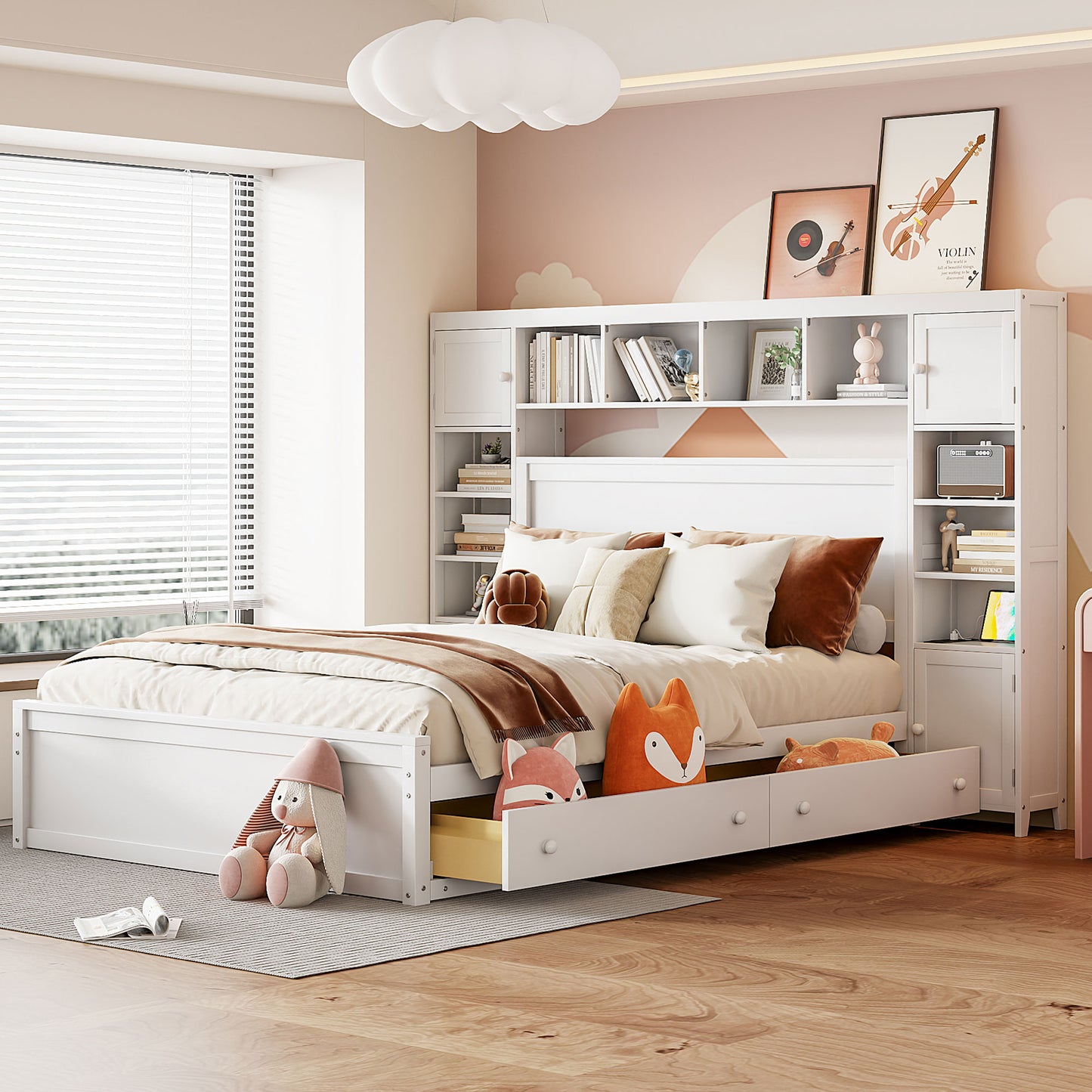 White wooden bed frame with integrated bookcase and storage drawers