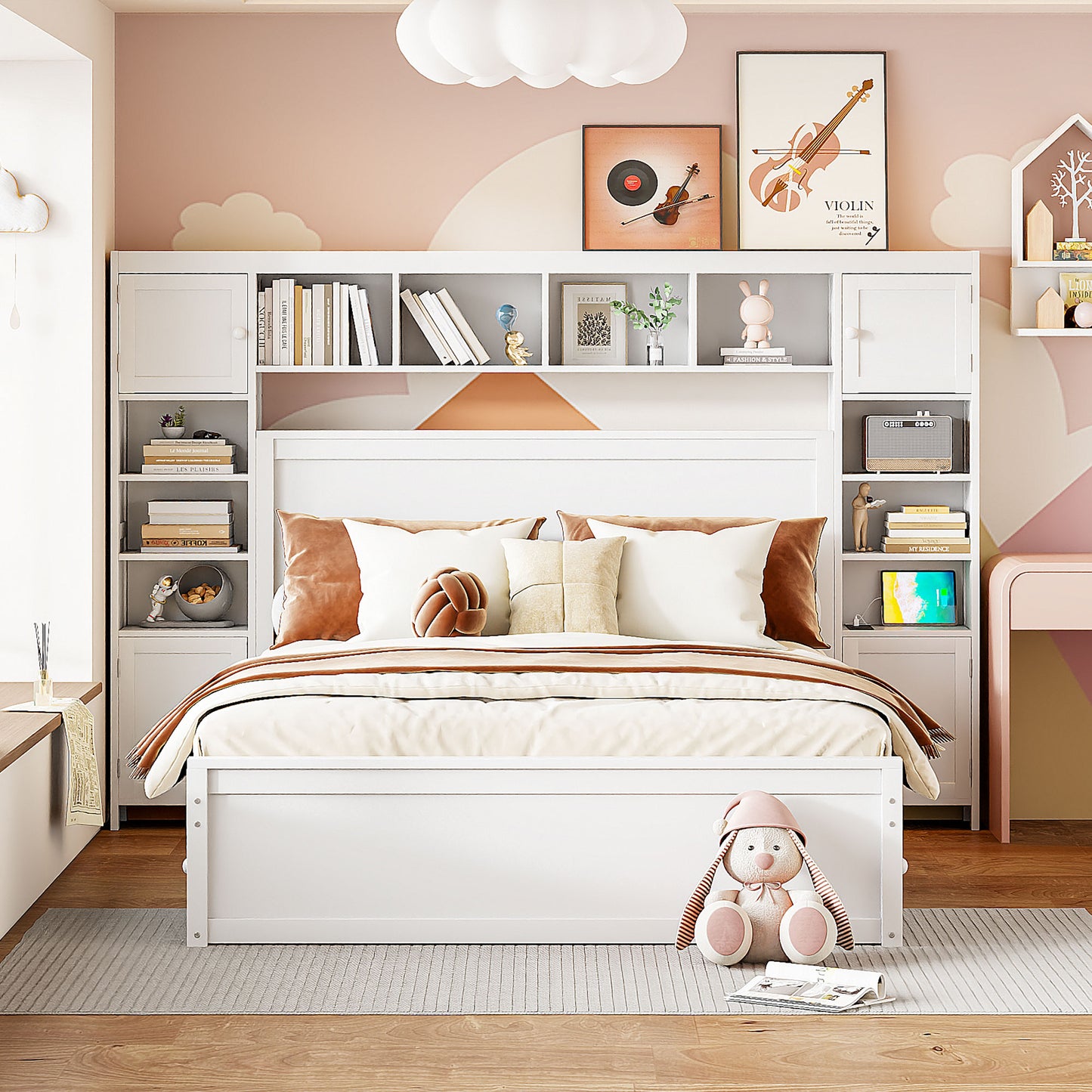 White wooden bed with builtin shelves and plush bedding