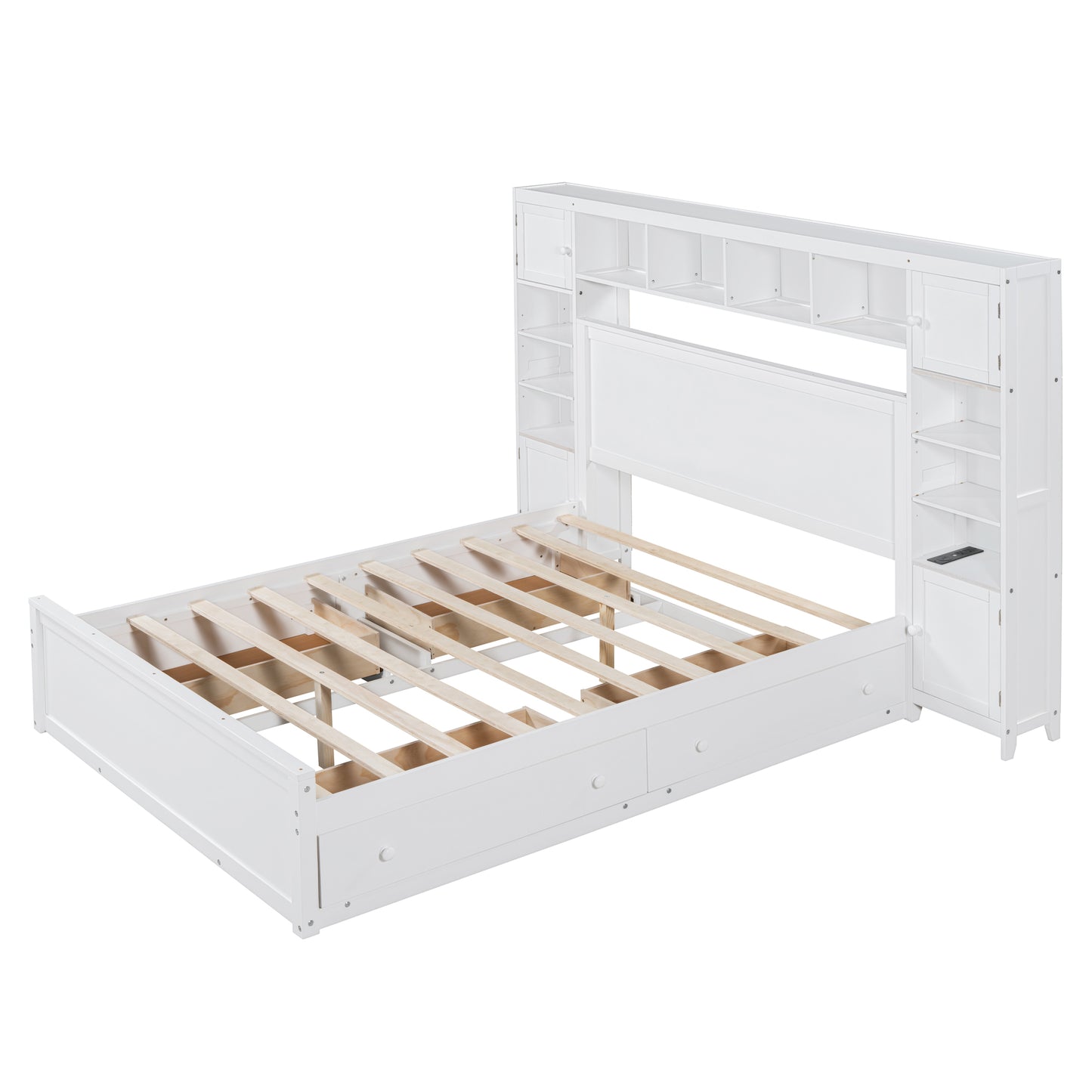 White wooden captains bed with builtin headboard shelves and drawers
