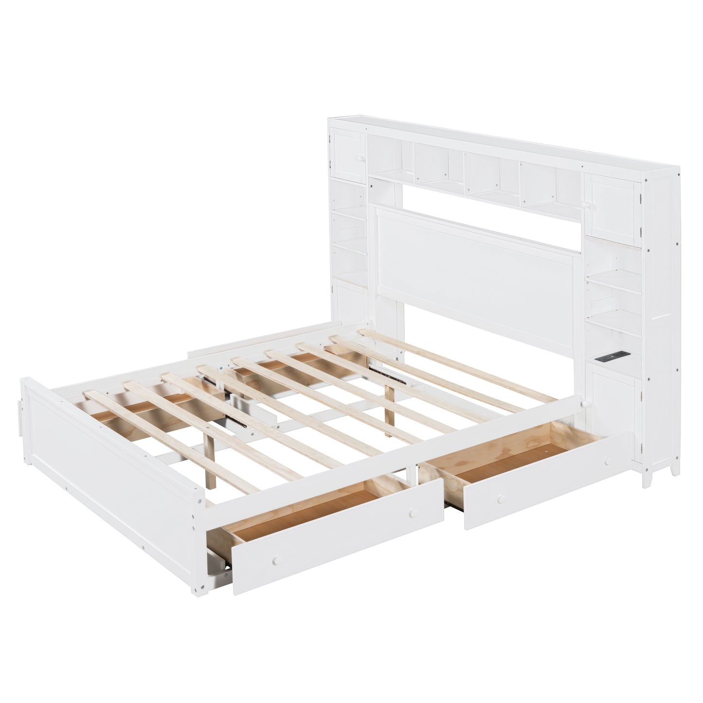 White wooden bed frame with builtin shelves and two drawers