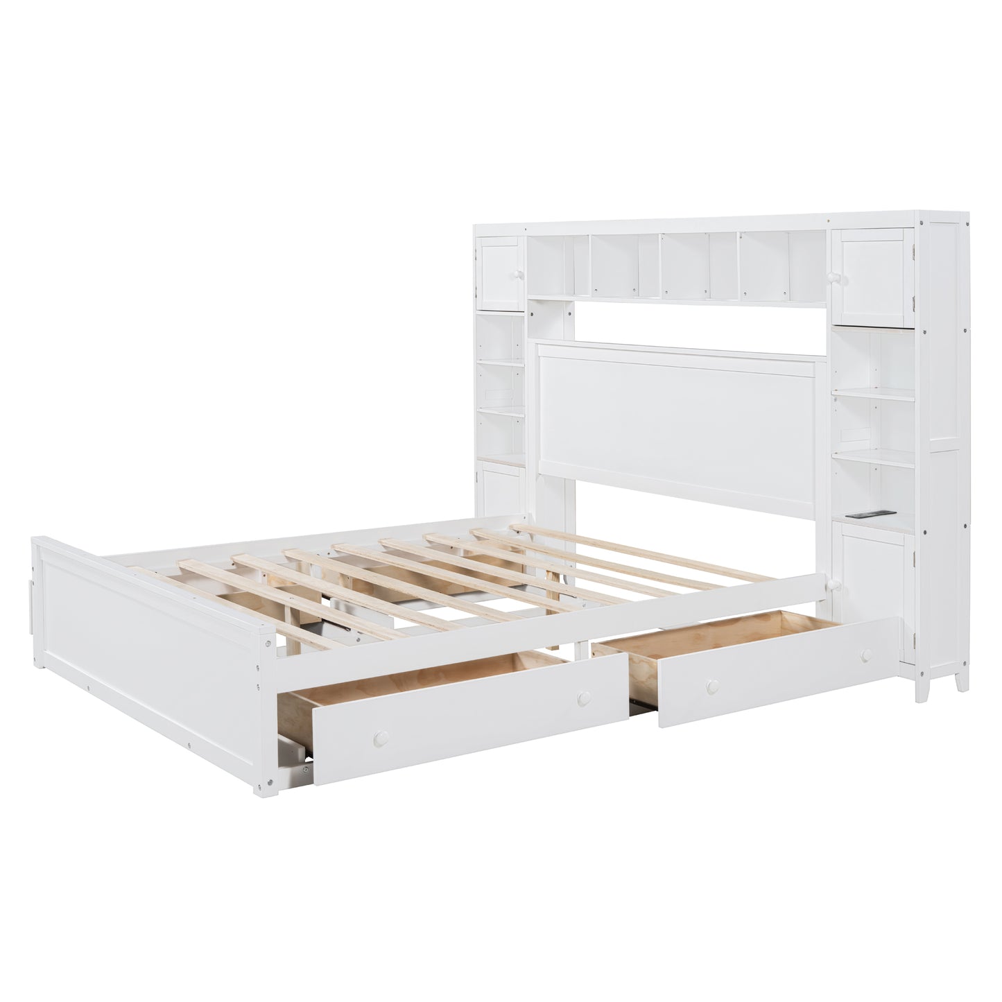 White wooden bed frame with builtin headboard shelves and drawers