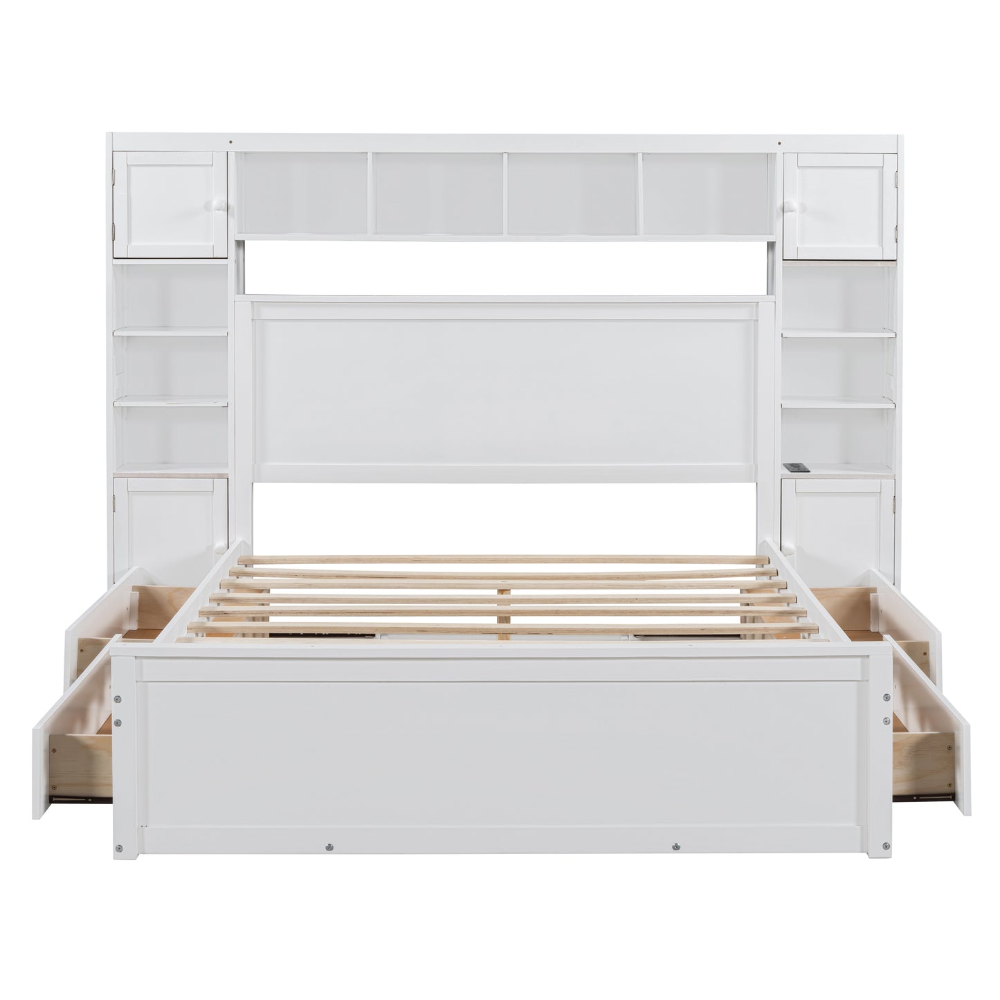 White wooden storage bed frame with integrated shelves and drawers