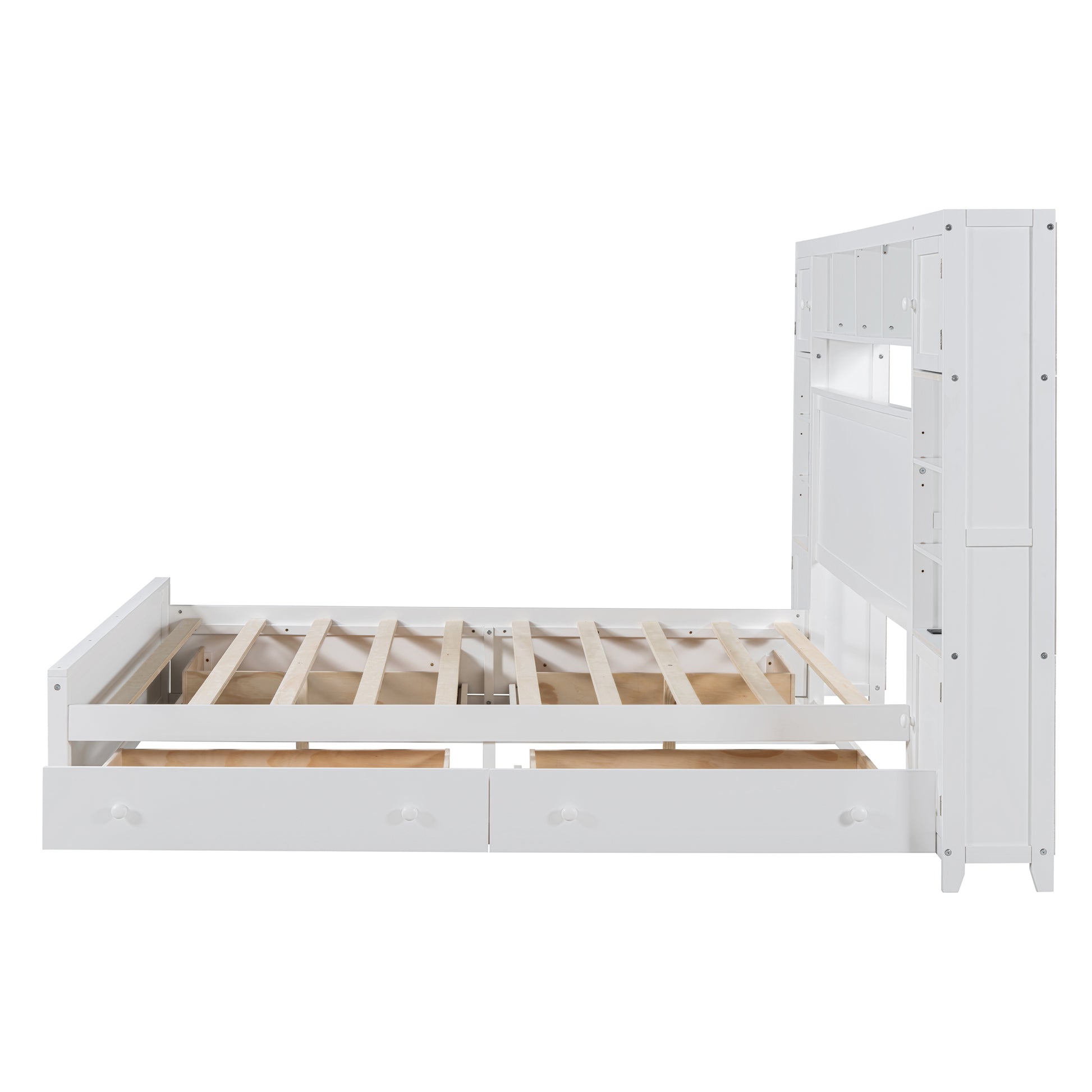 White twin storage bed with drawers and headboard shelves