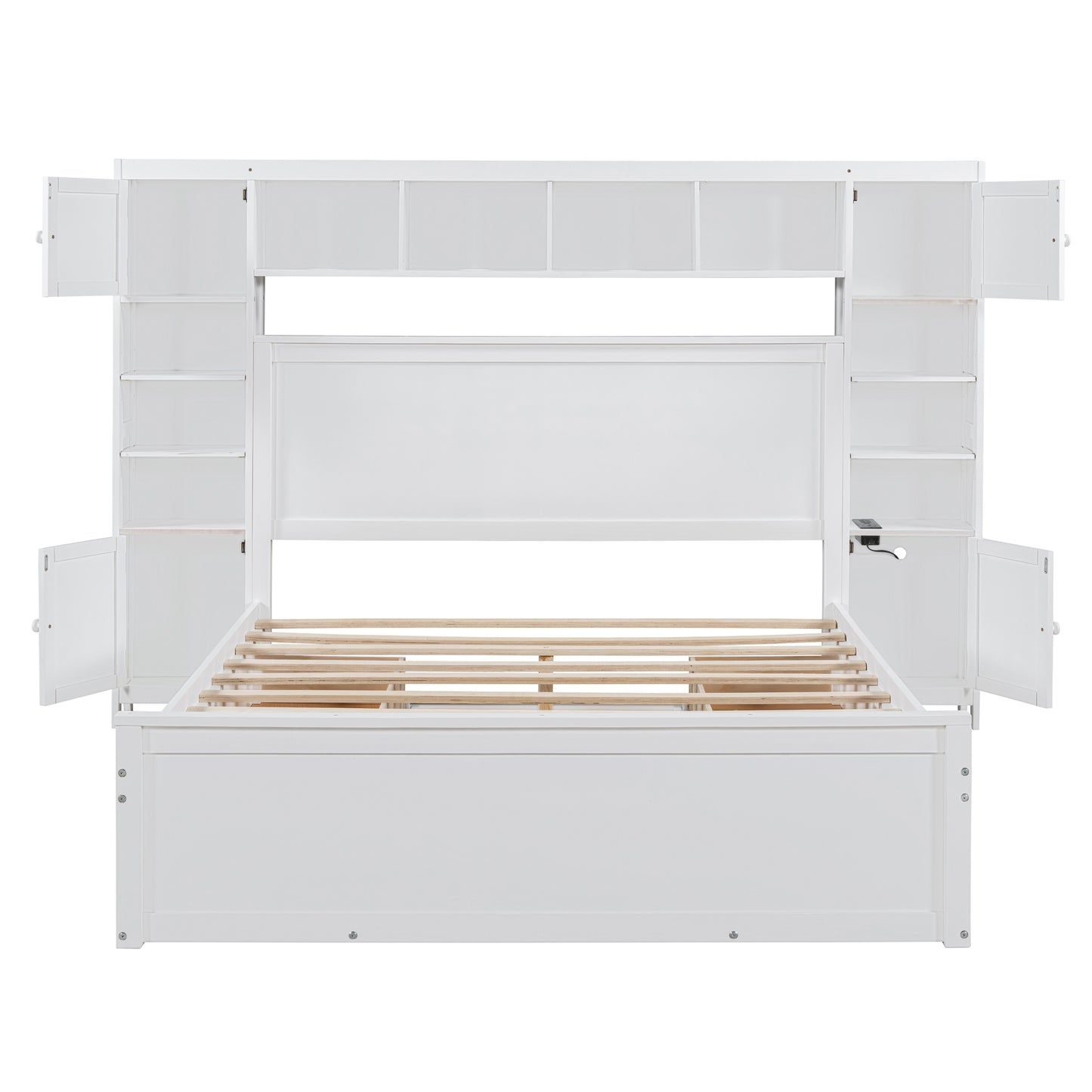 White wooden captains bed with multiple storage shelves and cabinets