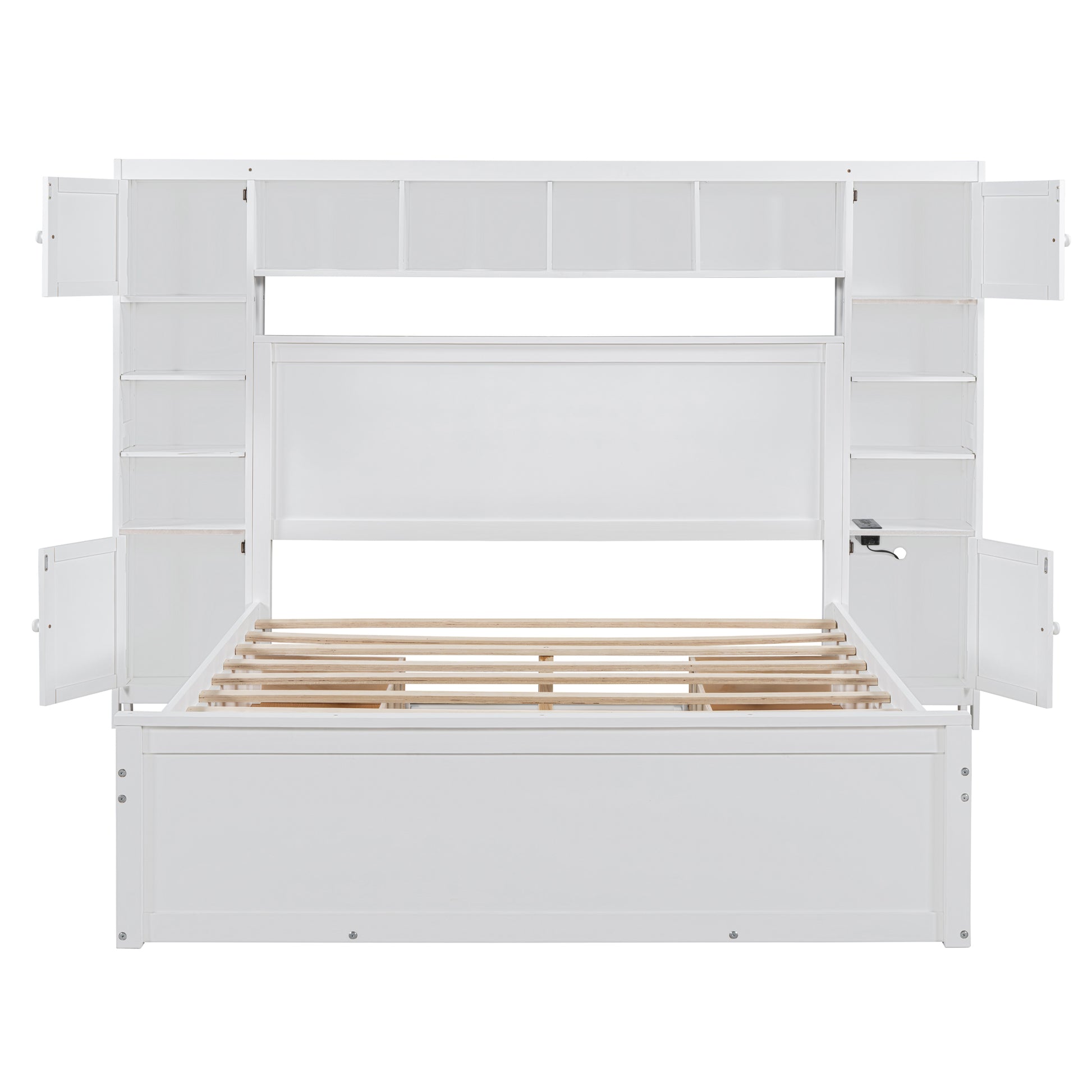 White wooden captains bed with multiple storage shelves and cabinets