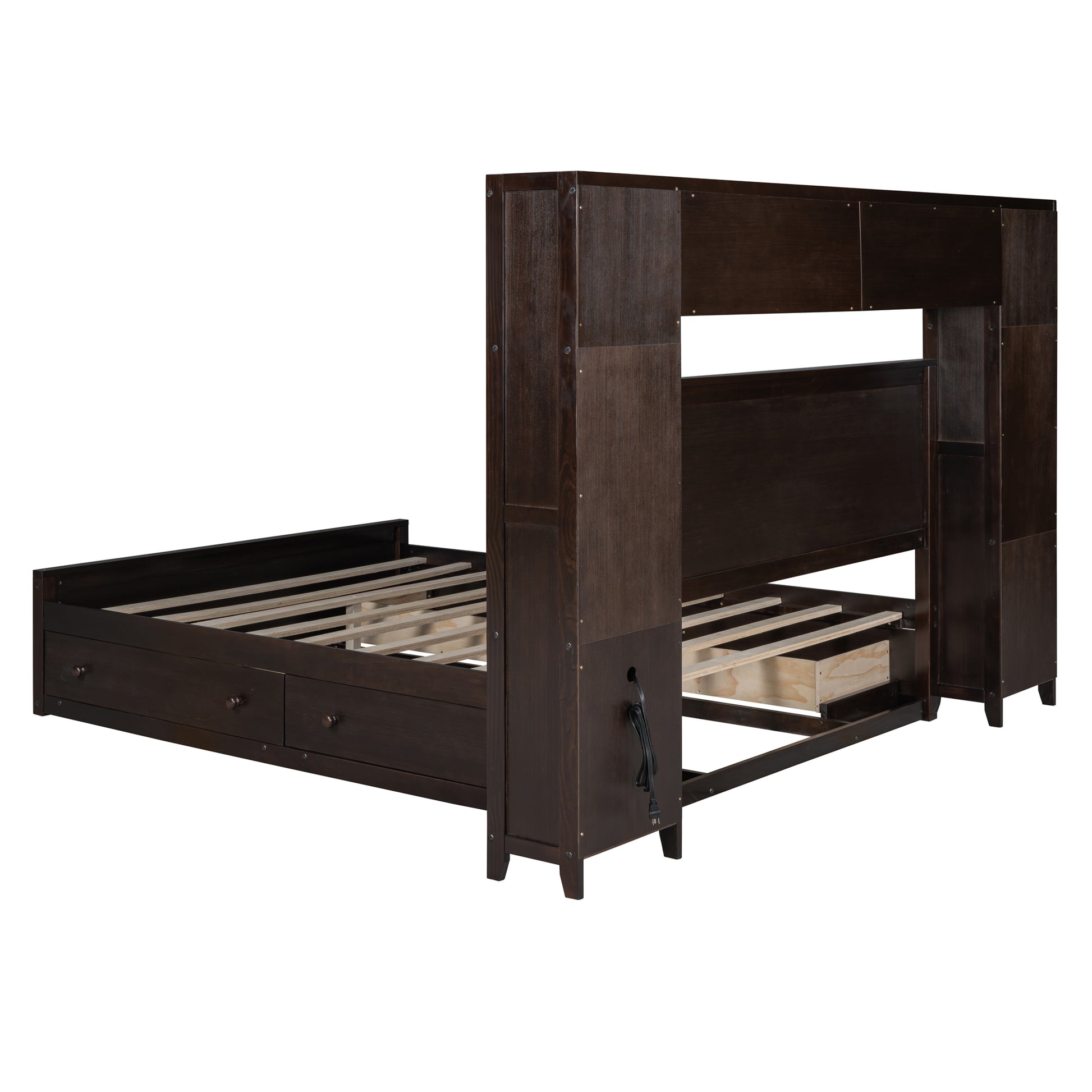 Dark espresso wood bunk bed with storage drawers and headboard shelves