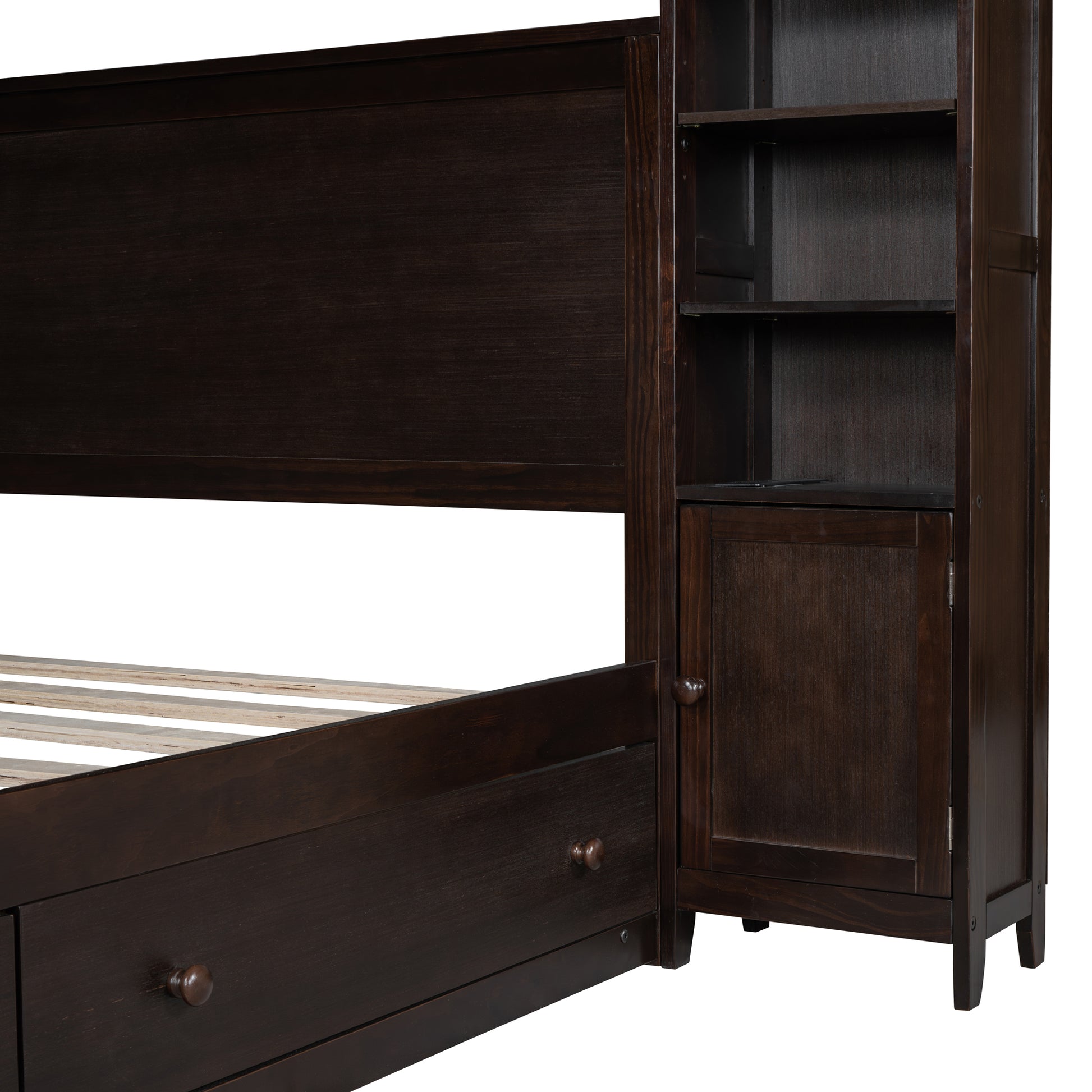 Dark espresso wood bunk bed with attached bookcase and drawers