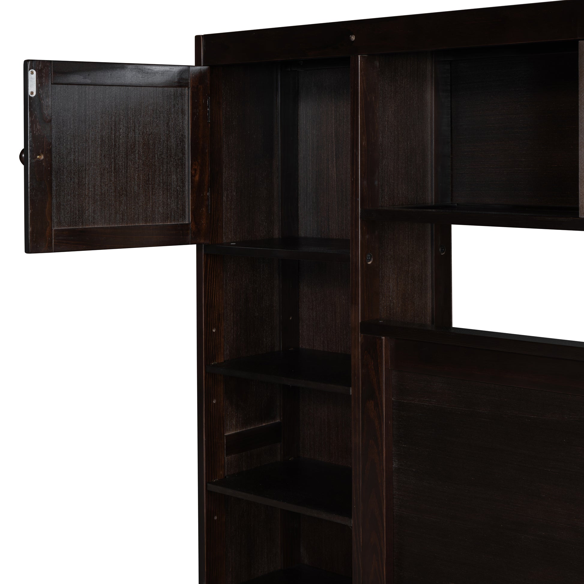 Dark oak tall bookshelf with open cabinet door and multiple shelves
