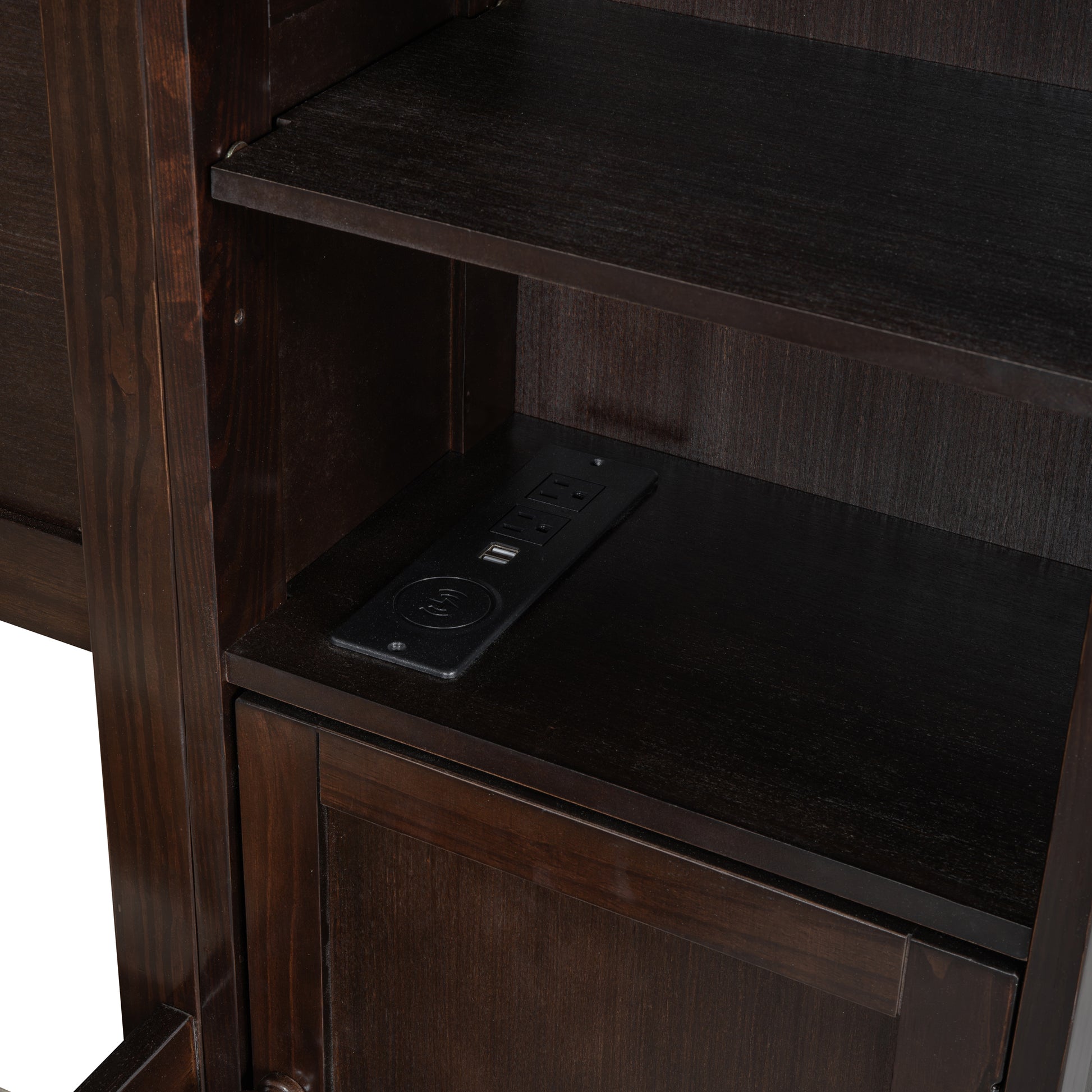 Dark wood bookshelf with integrated power outlet and USB ports