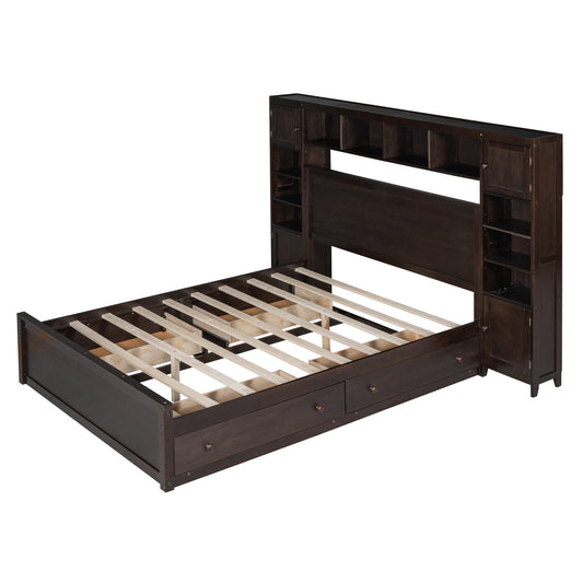 Dark brown wooden bed frame with builtin headboard shelves and storage drawers