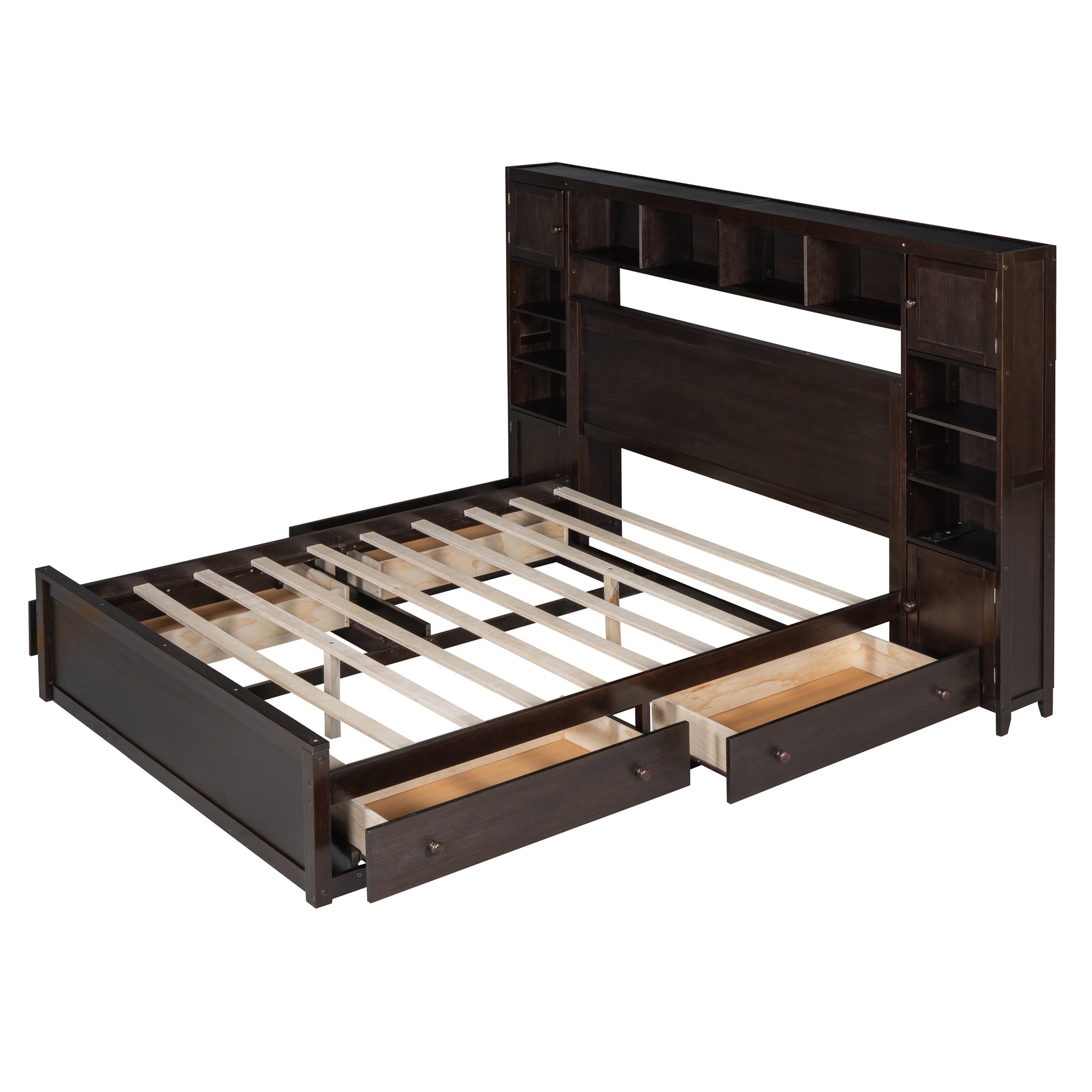 Dark espresso wood bed frame with open drawers and bookshelf headboard