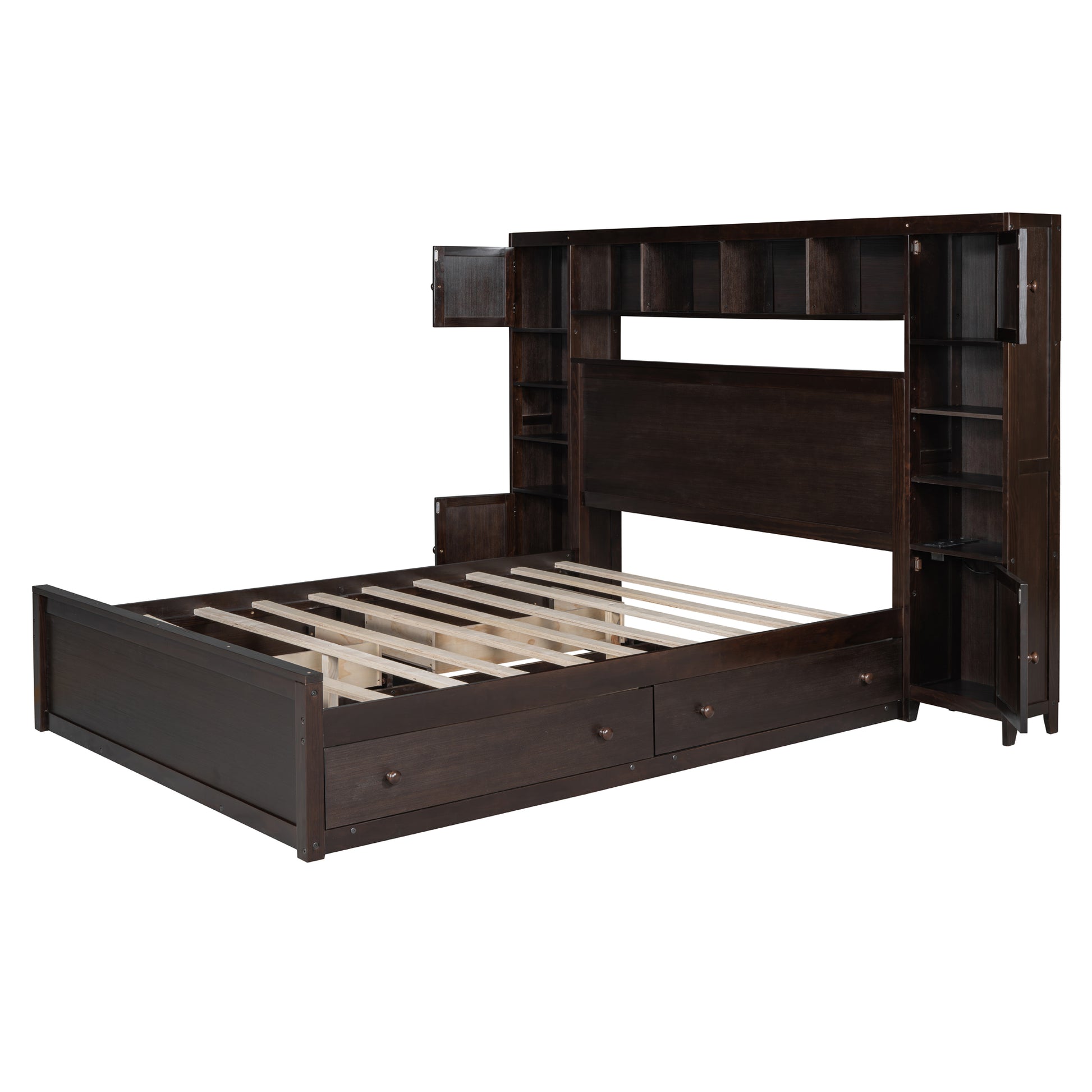 Dark espresso wood bed frame with integrated headboard shelving and side cabinets