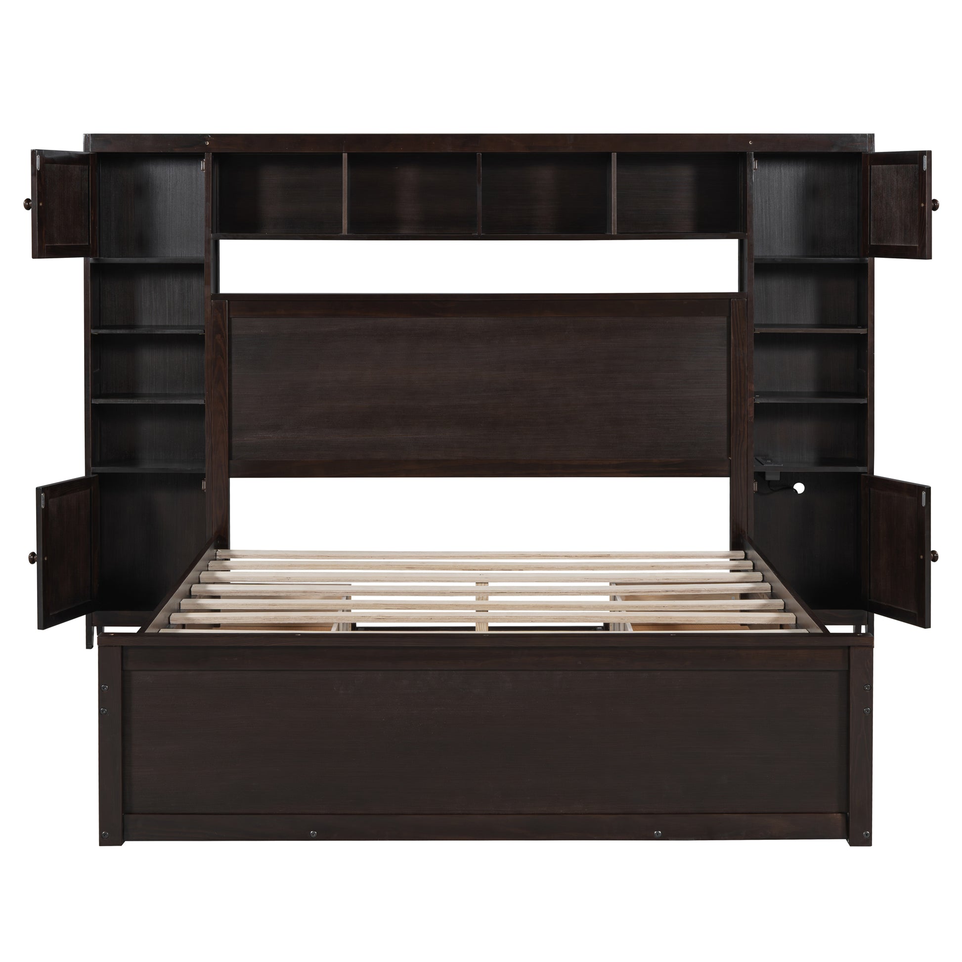 Dark espresso wooden bed frame with headboard shelves and side cabinets