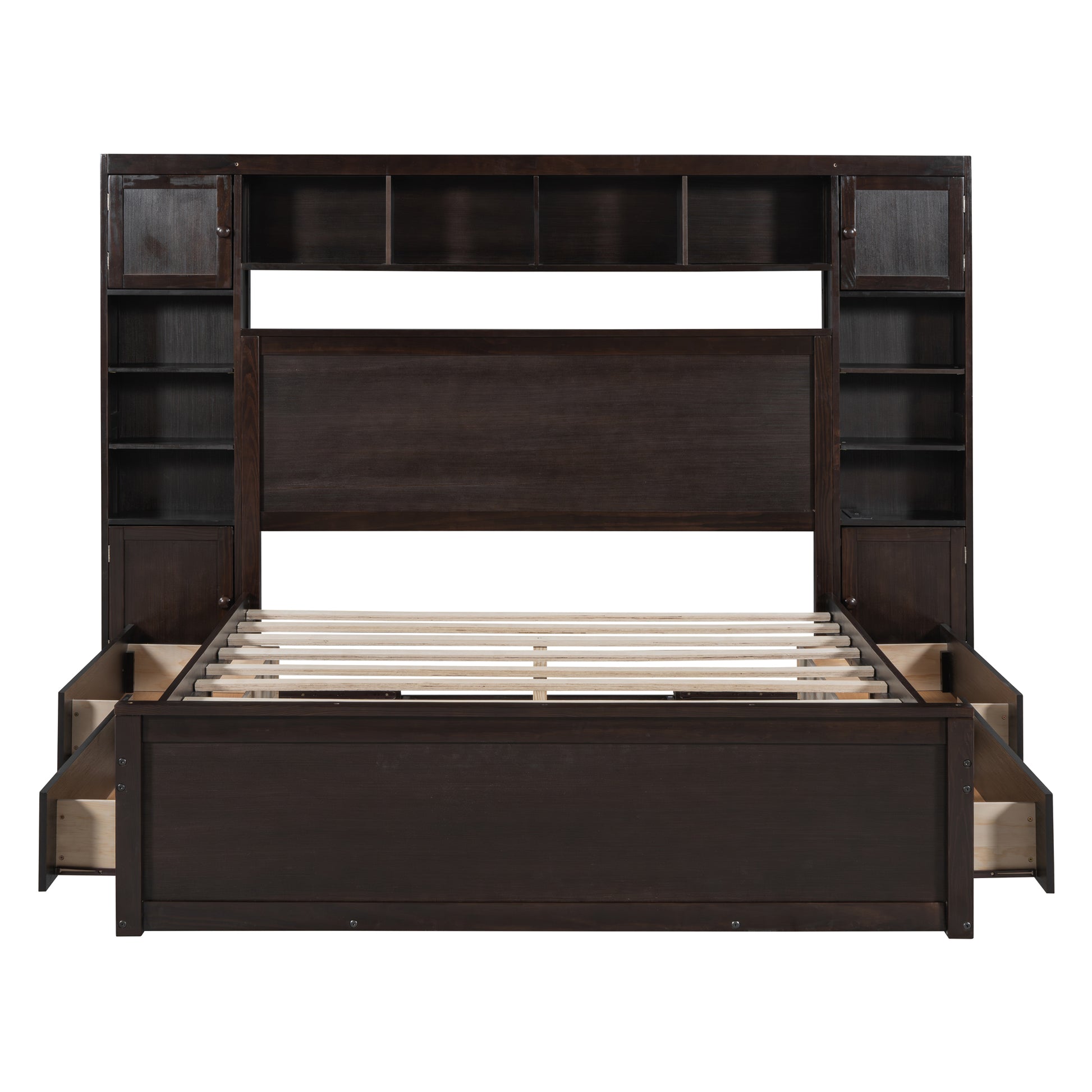 Dark brown wooden king bed with storage headboard and footboard