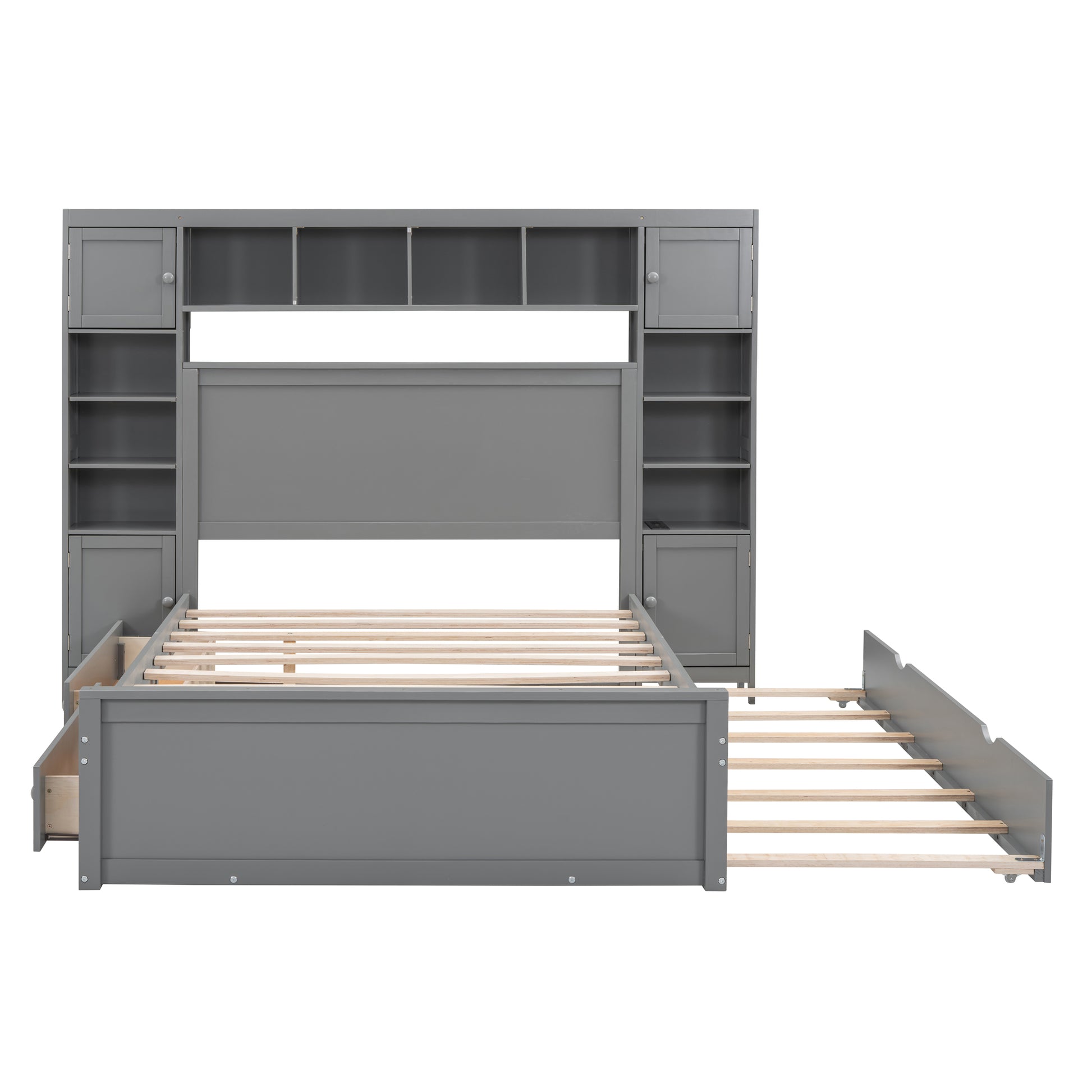 Grey wooden bed frame with builtin headboard shelves and storage drawers