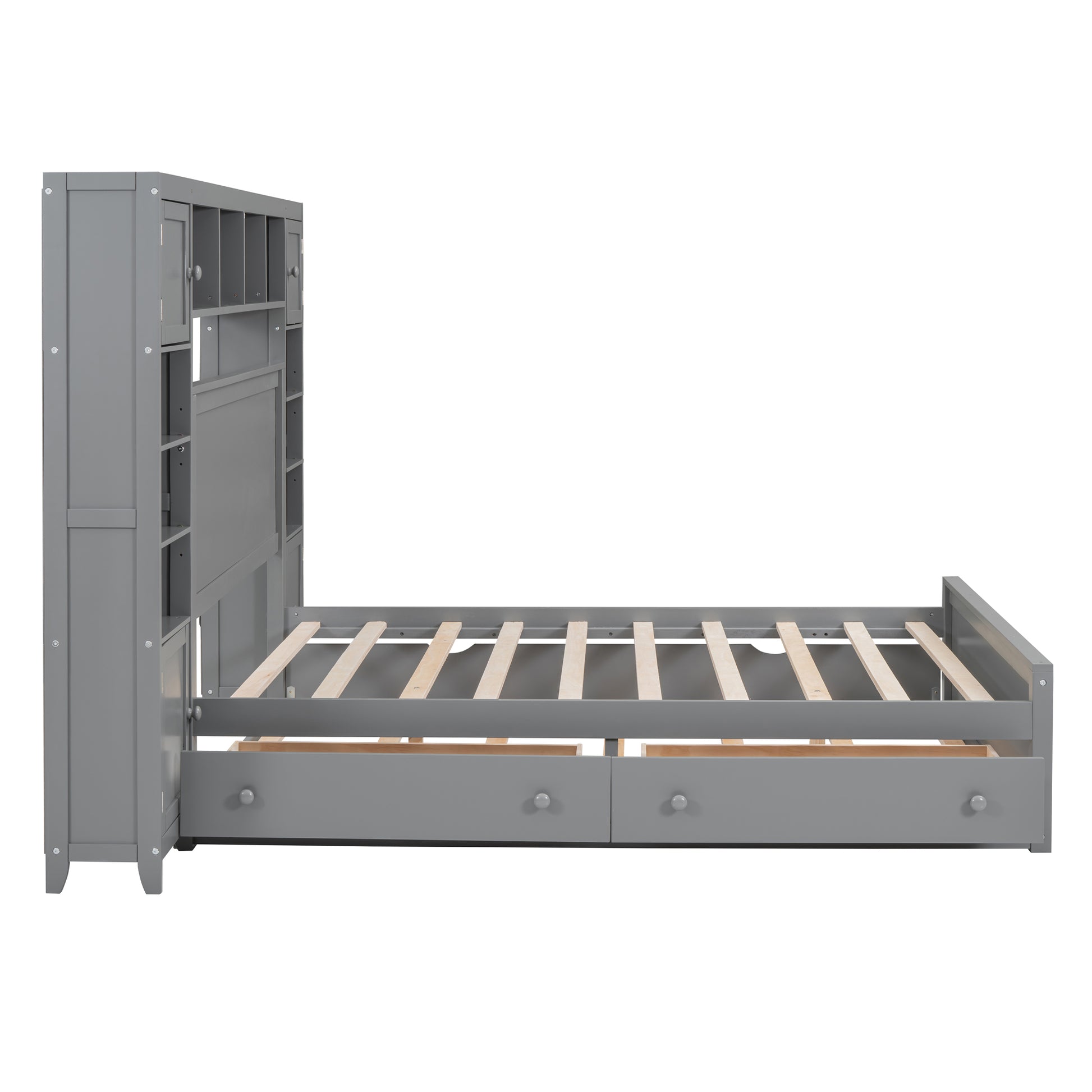 Gray wooden twin bed frame with builtin bookshelves and drawers