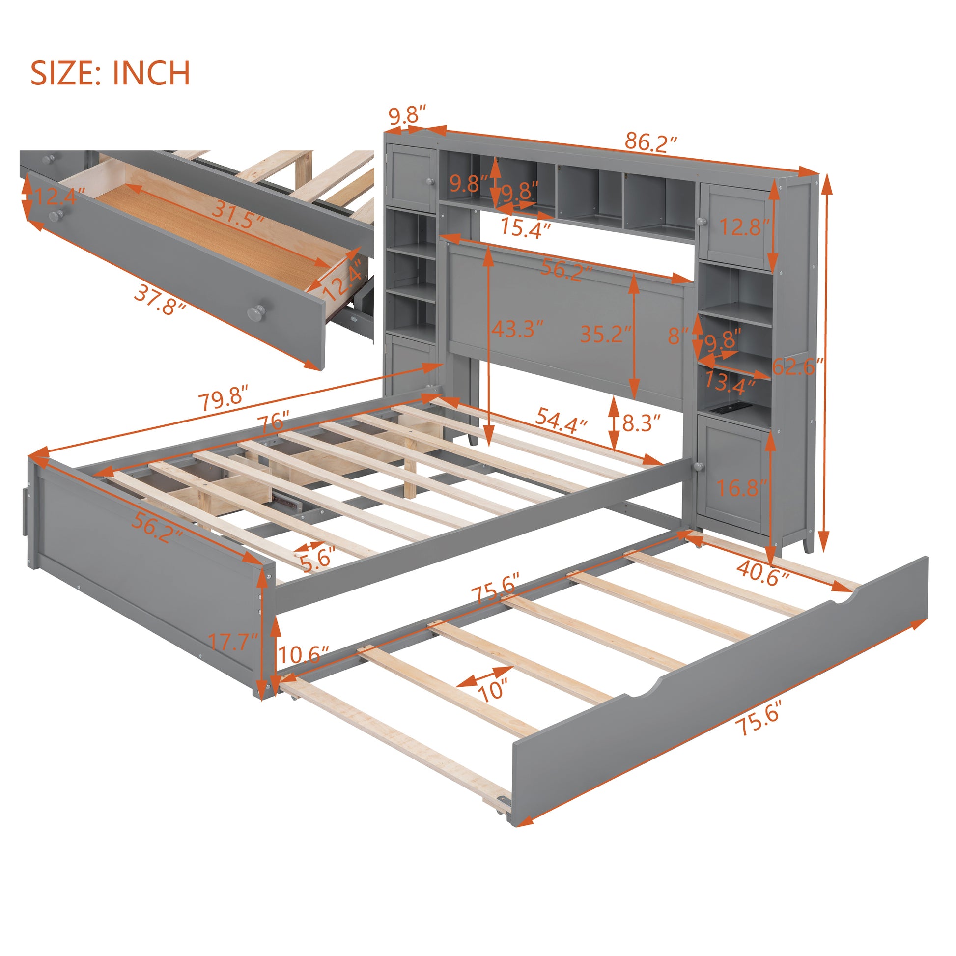 Gray storage bed frame with pullout trundle and headboard shelves