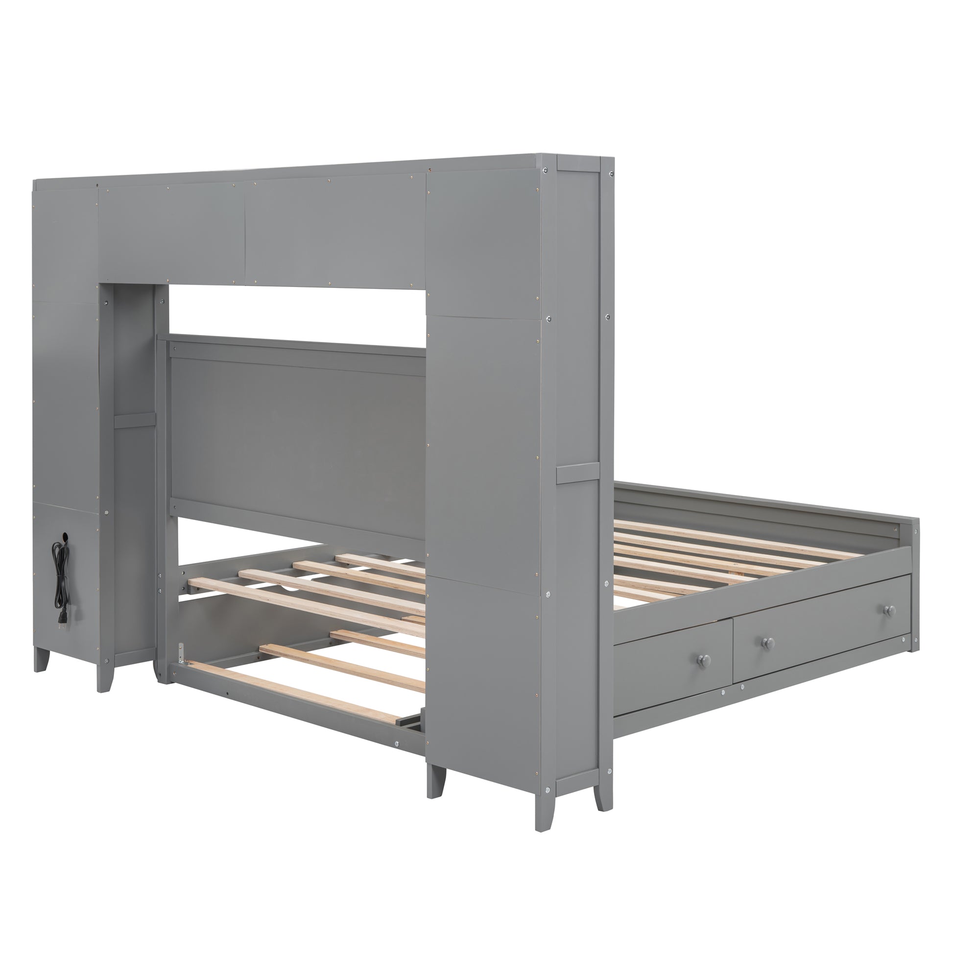 Gray wooden bunk bed frame with drawers and integrated ladder