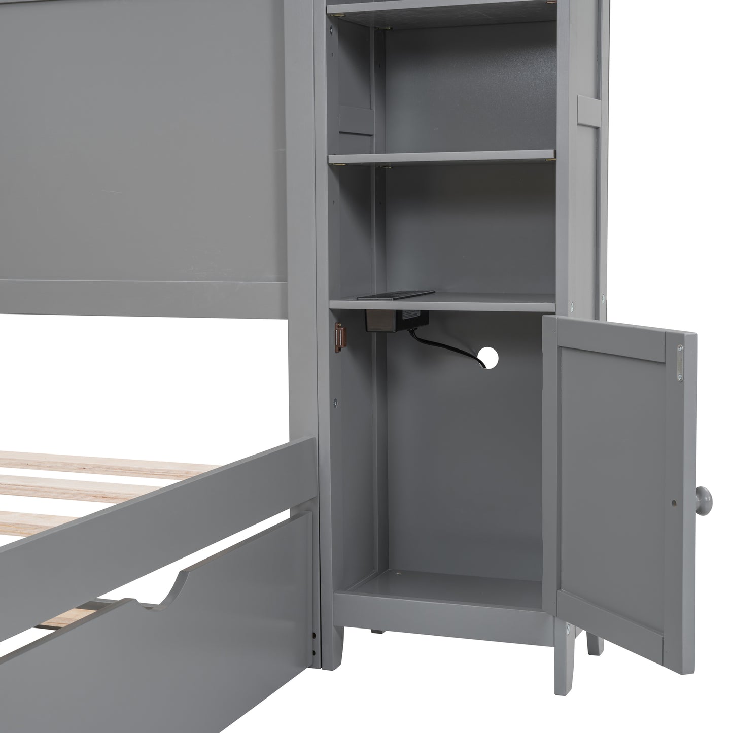 Gray wooden bed frame with builtin open shelving unit and one closed cabinet