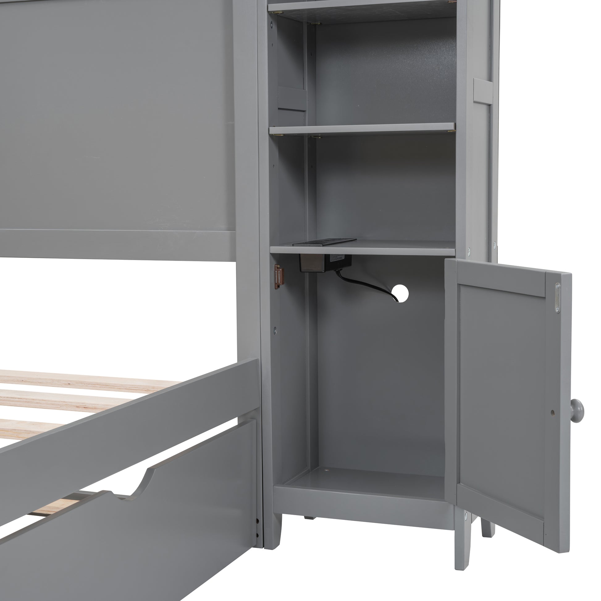 Gray wooden bed frame with builtin open shelving unit and one closed cabinet