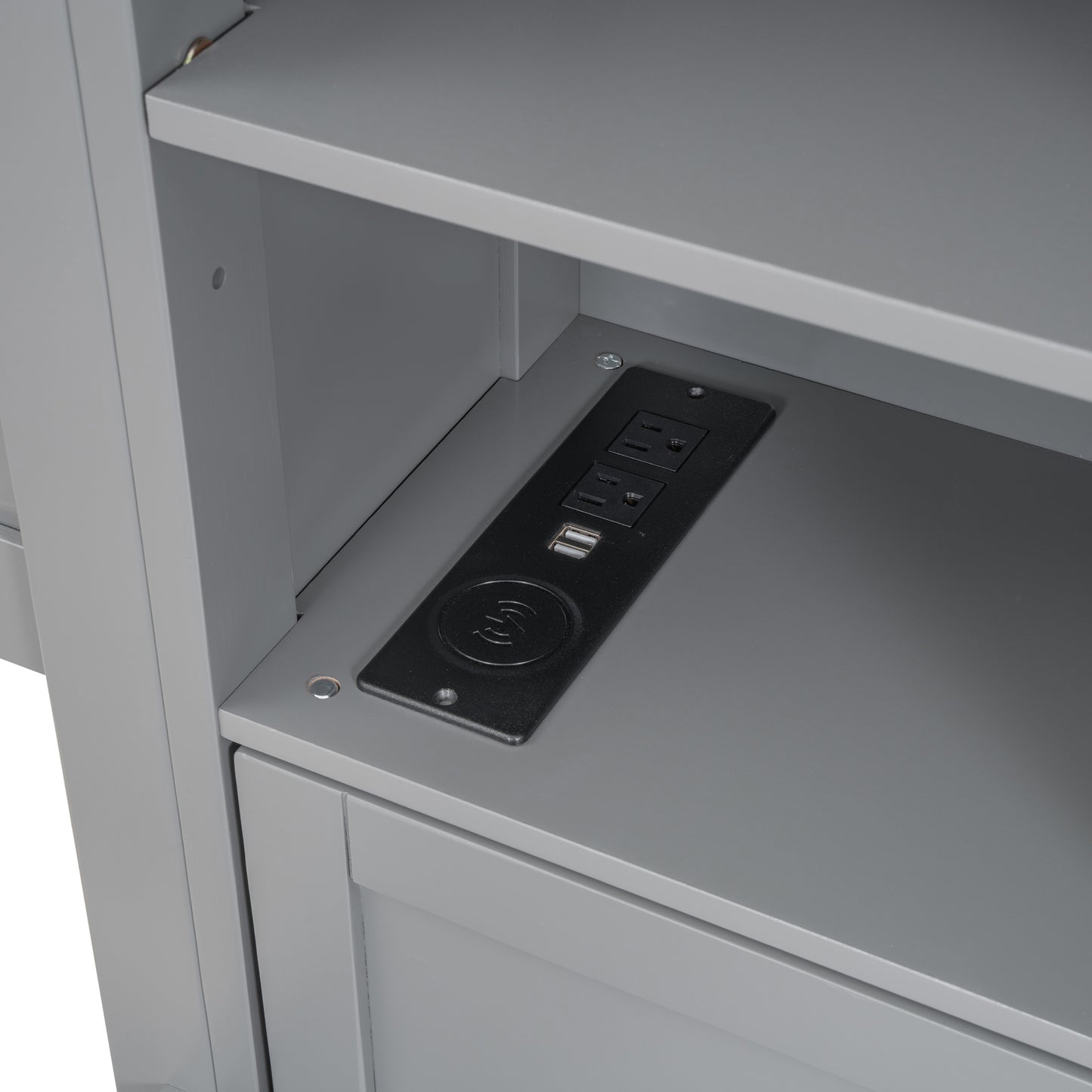 Gray bedside table with integrated power outlet and wireless charger