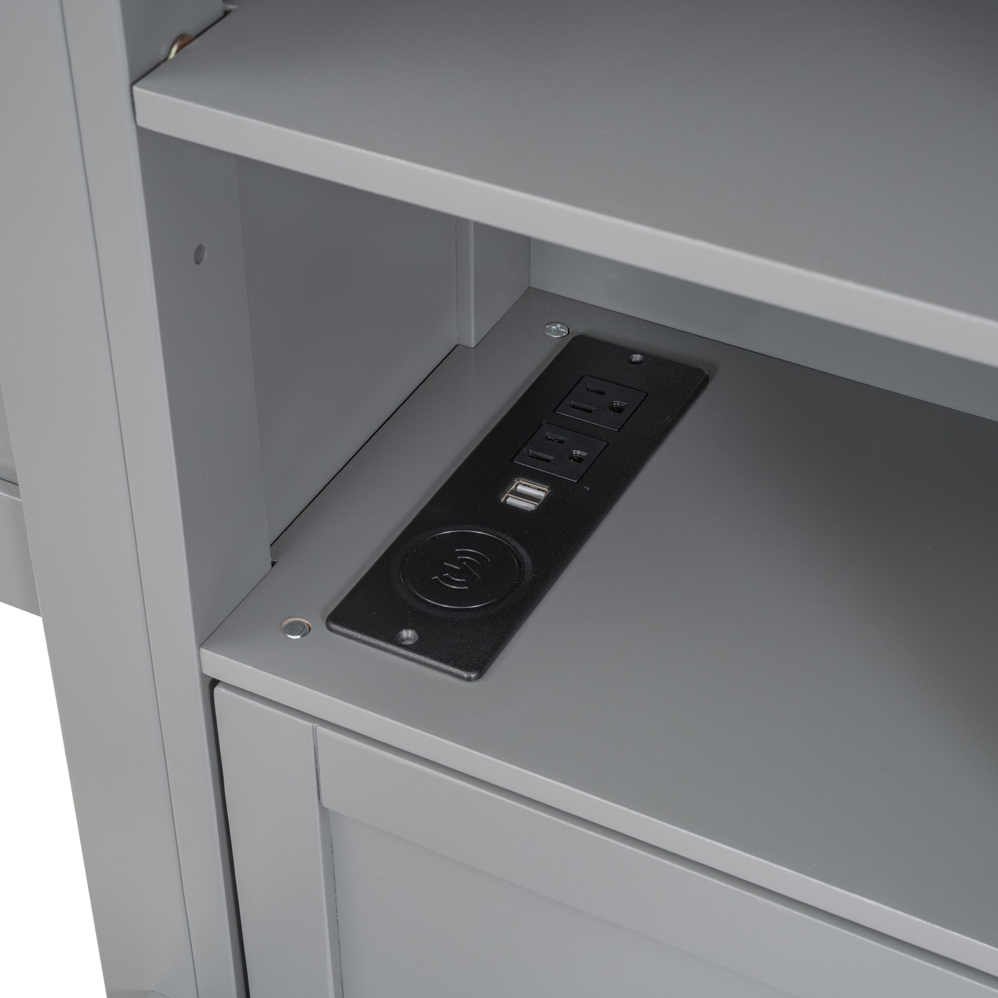 Gray bedside table with integrated power outlet and wireless charger