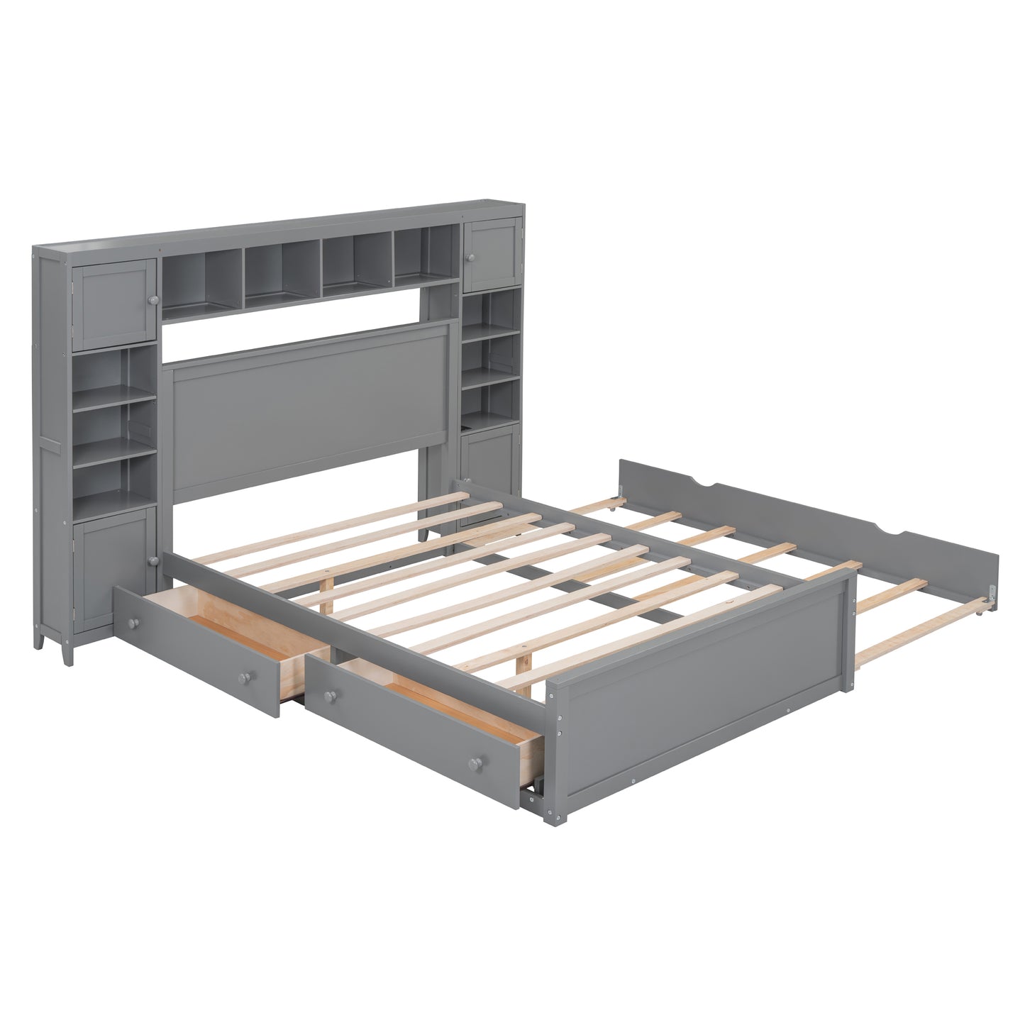 Gray twin bed with bookcase headboard and storage drawers