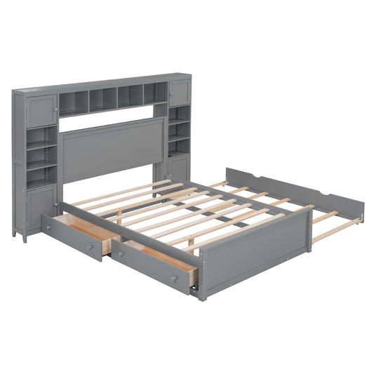 Gray twin bed with bookcase headboard and storage drawers