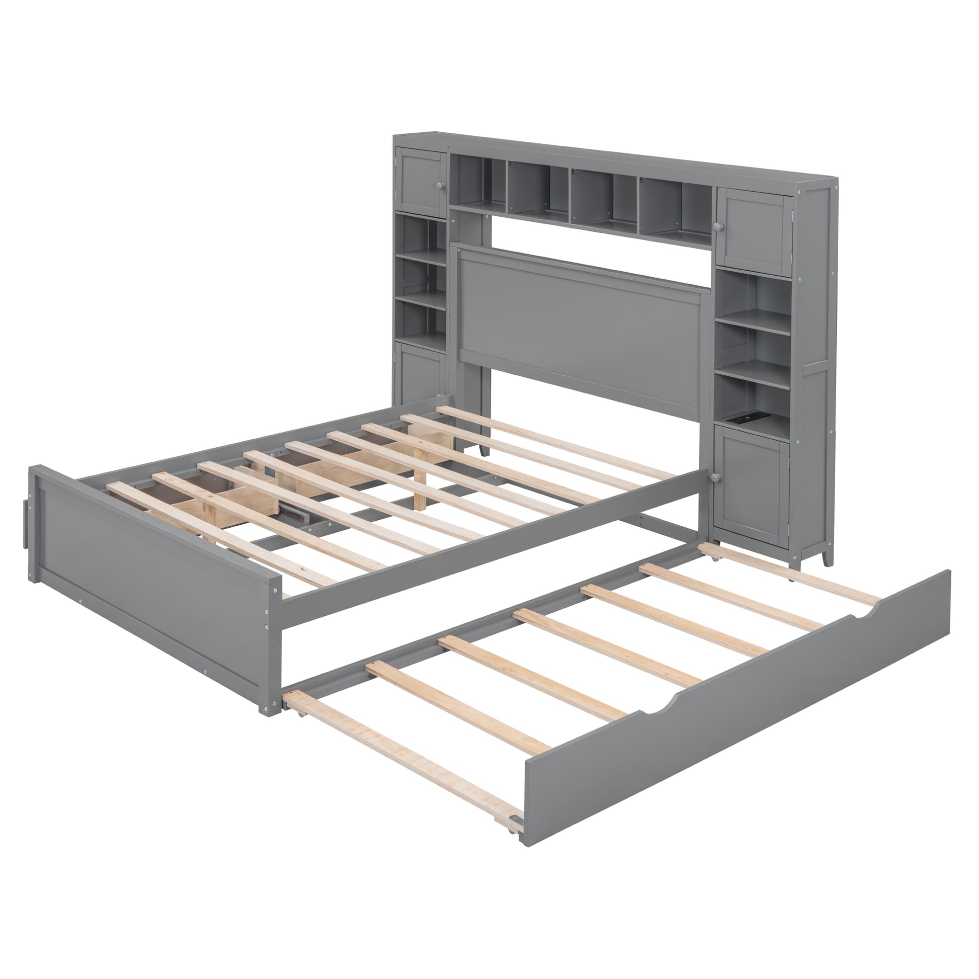 Gray wooden bed frame with trundle and builtin headboard shelving