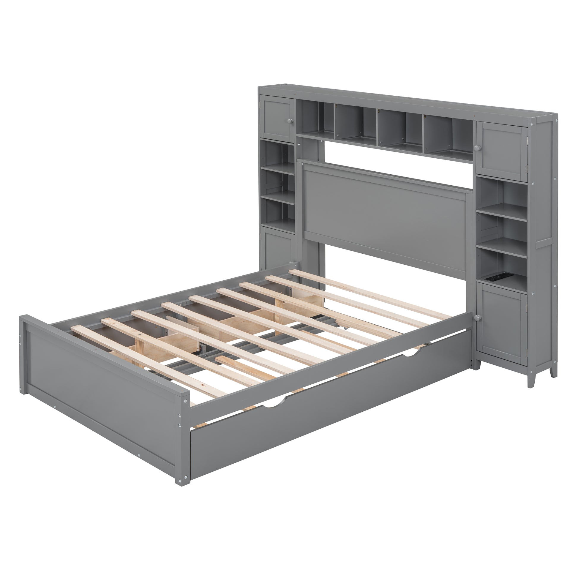 Gray wooden twin bed frame with headboard bookshelf and side cabinets