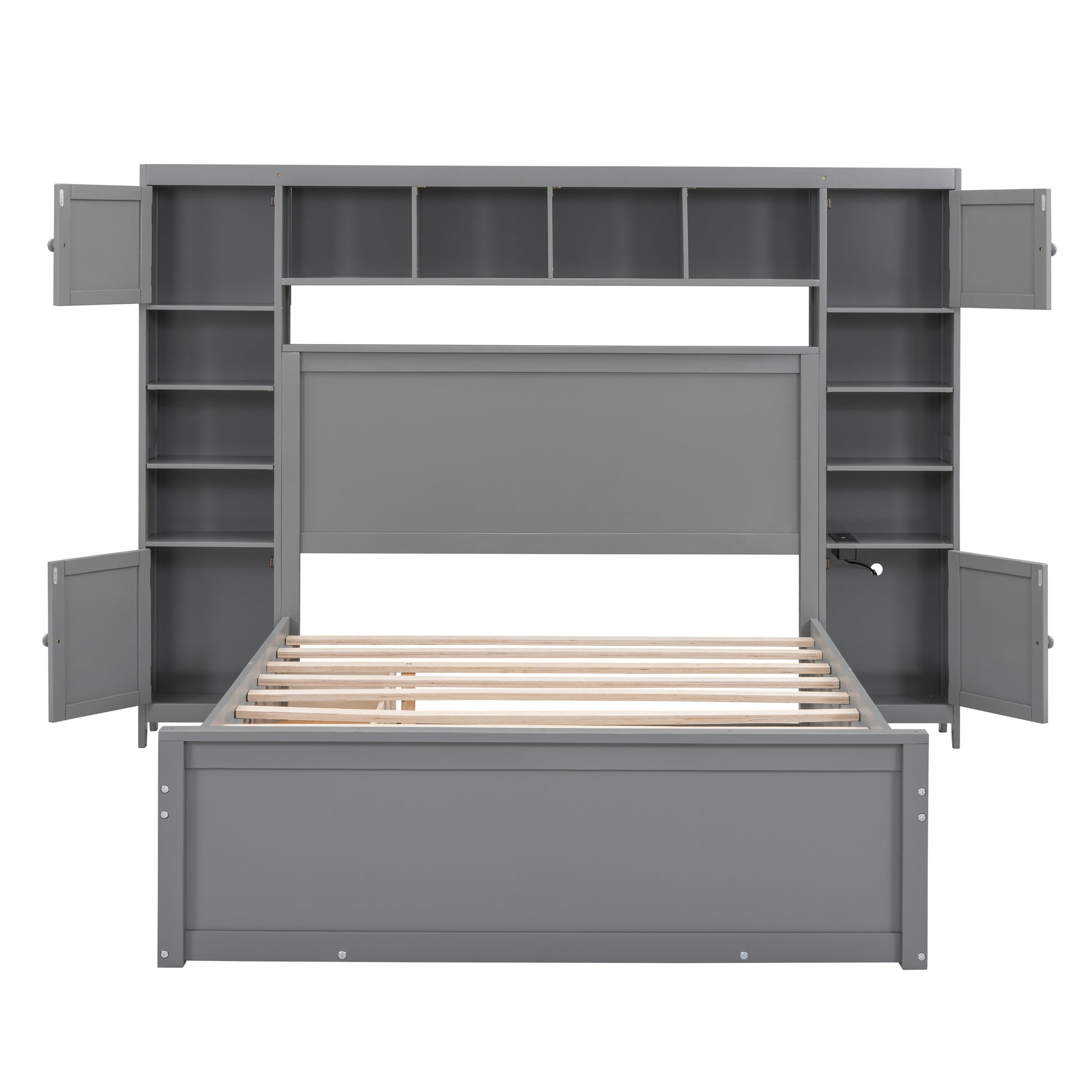 Grey twin bed frame with open shelving and cabinet doors