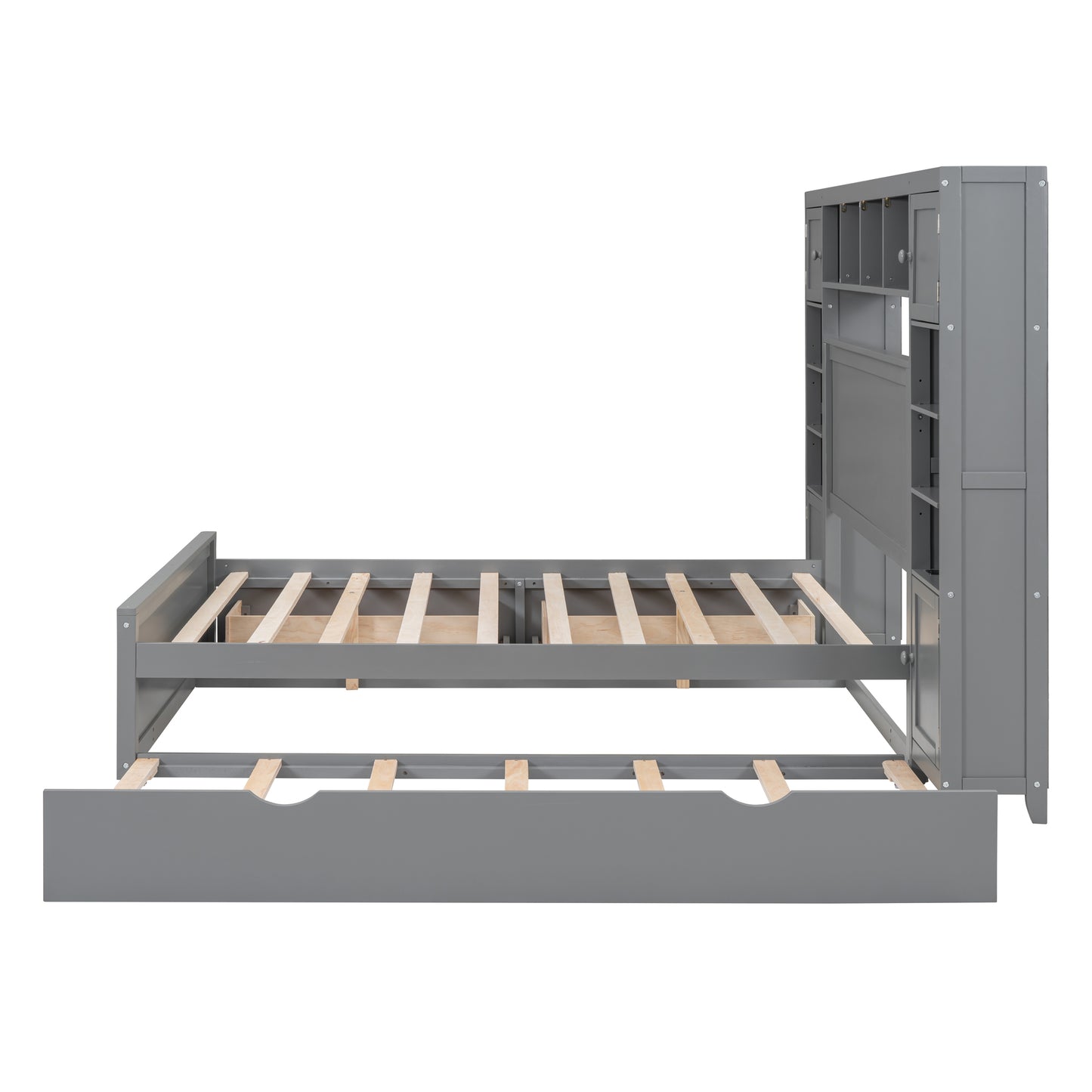 Gray twin bed frame with builtin bookshelf headboard and trundle drawer