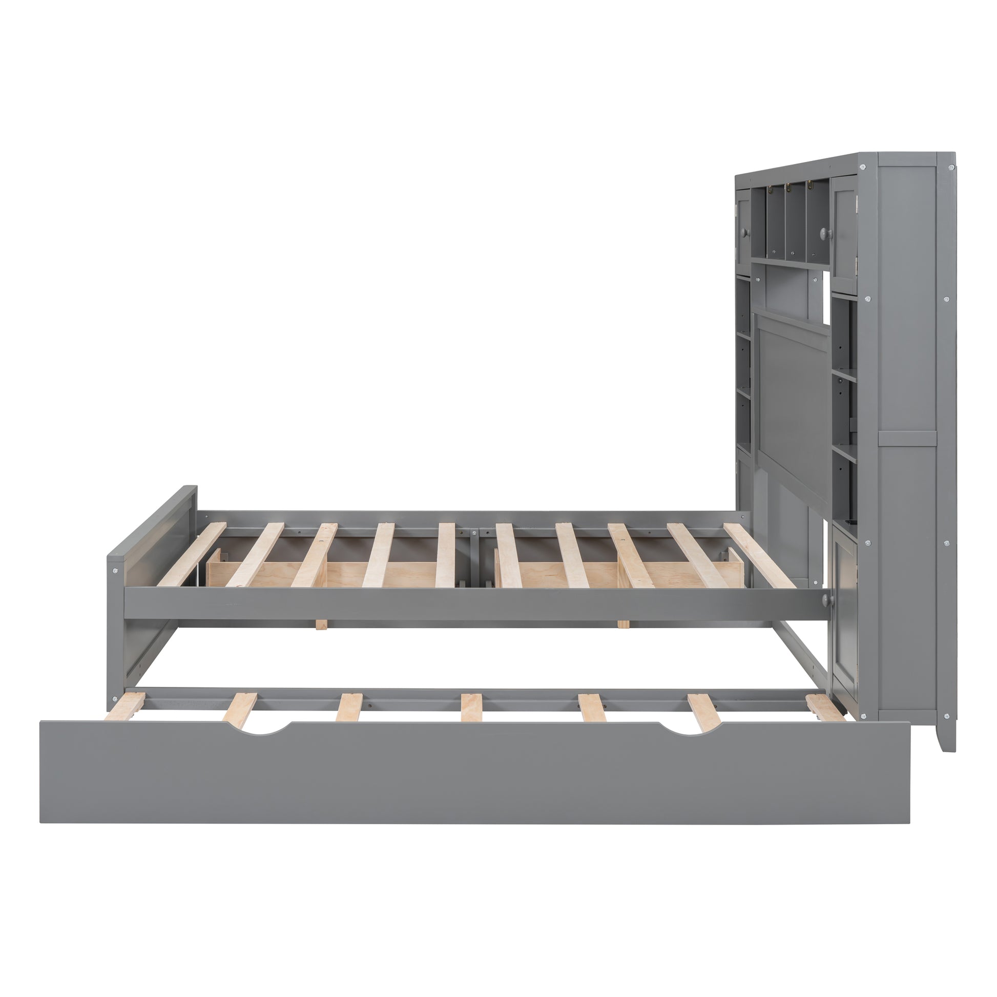 Gray twin bed frame with builtin bookshelf headboard and trundle drawer