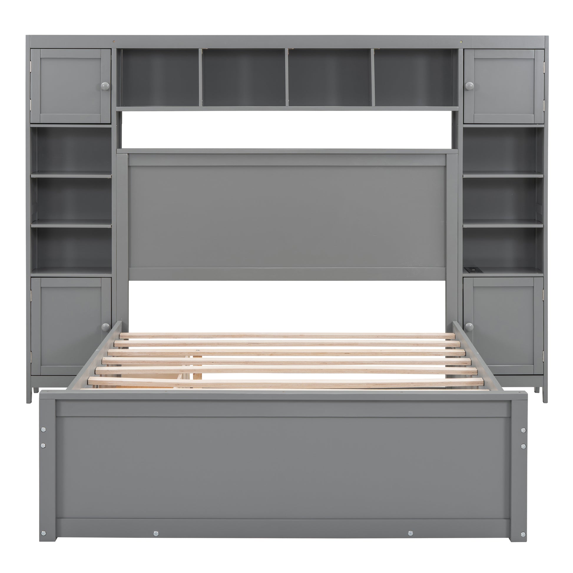 Gray wooden twin bed frame with storage headboard and side units