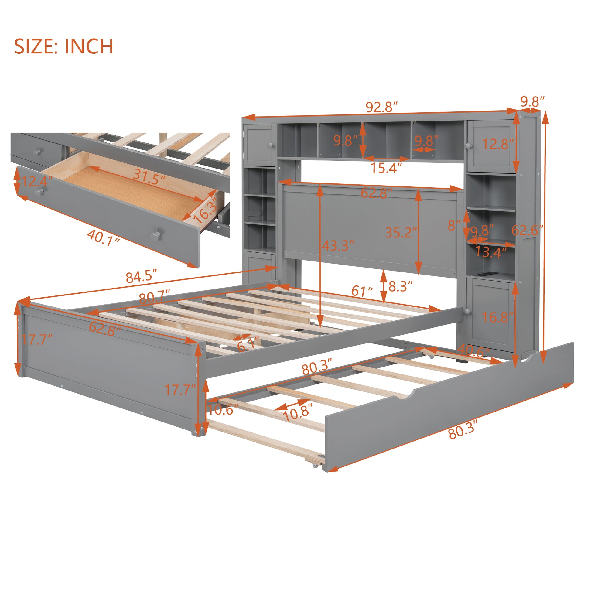 Gray wooden platform bed with drawers and bookshelf headboard