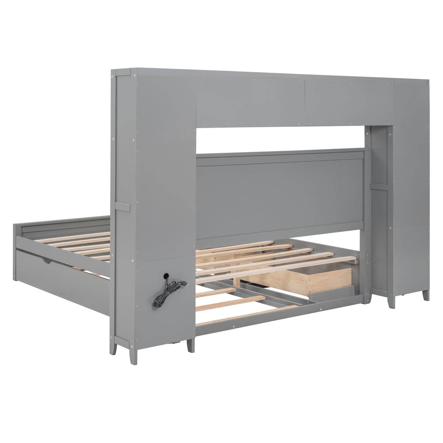 Grey wooden bunk bed frame with integrated drawers and storage
