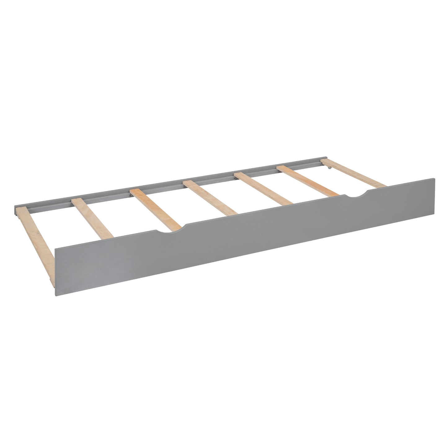 Gray wood trundle bed frame with wooden slats for mattress support