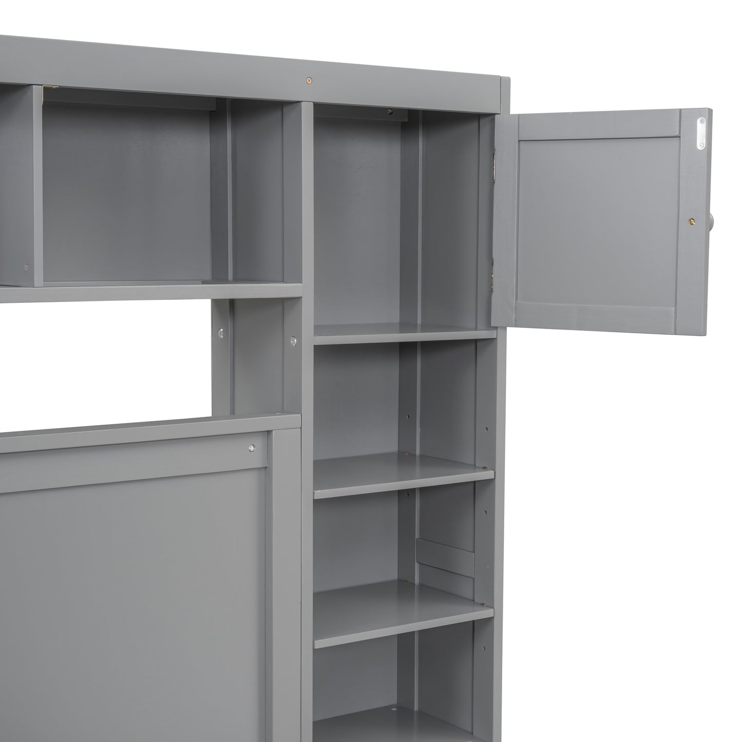 Grey wooden shelving unit with open compartments and one open door