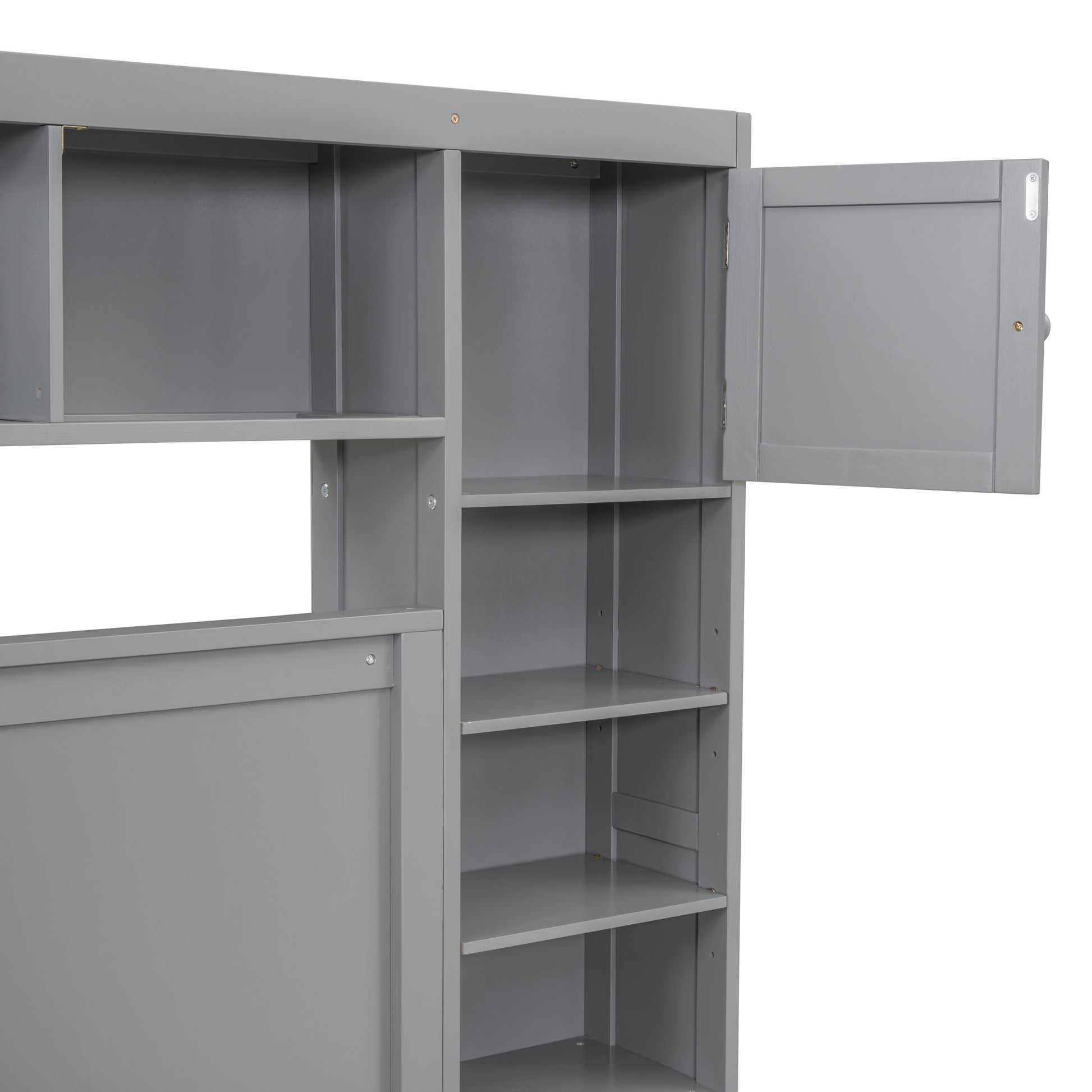 Grey wooden shelving unit with open compartments and one open door