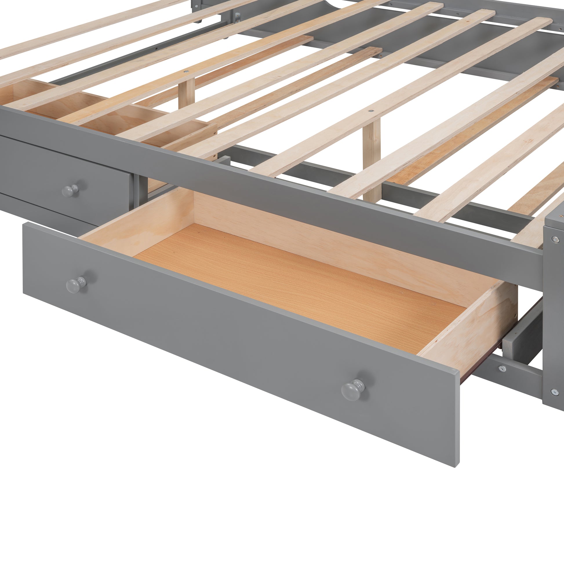 Gray wooden bed frame with open storage drawer and slats