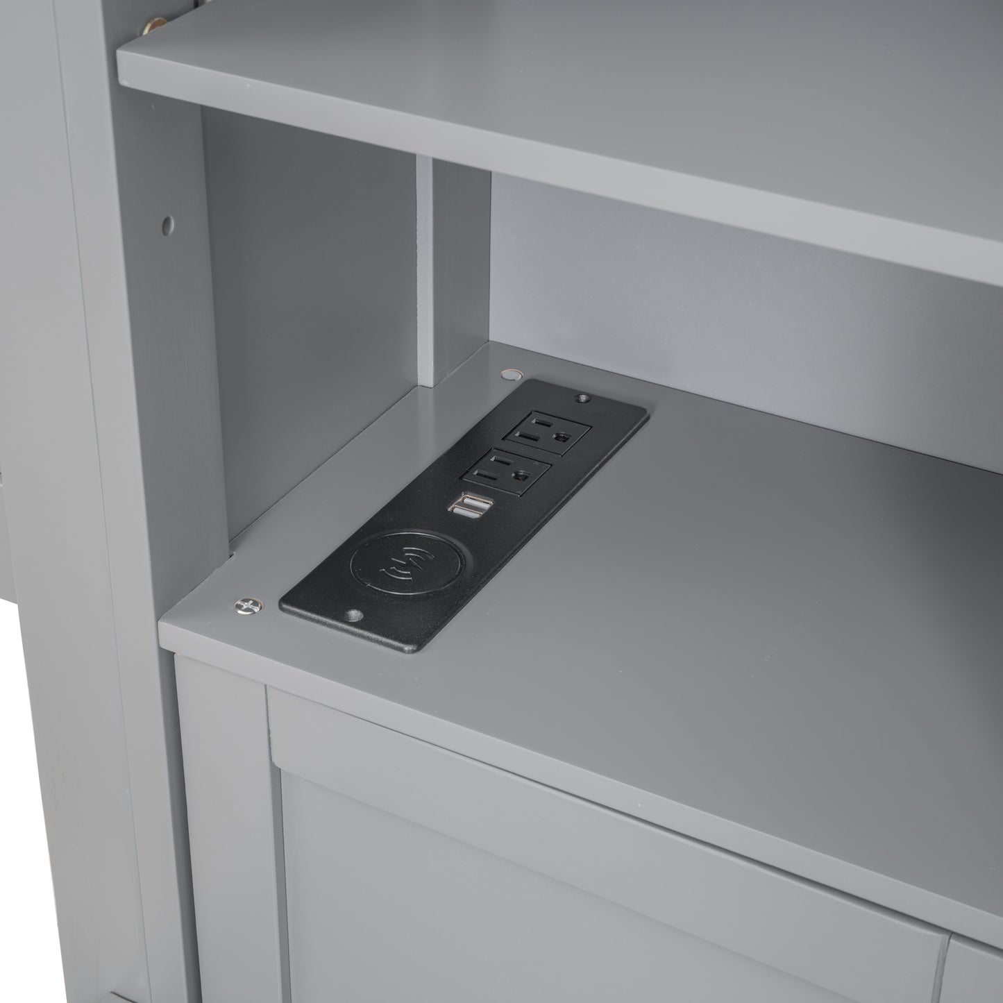 Gray entertainment center shelf with integrated power strip and wireless charger