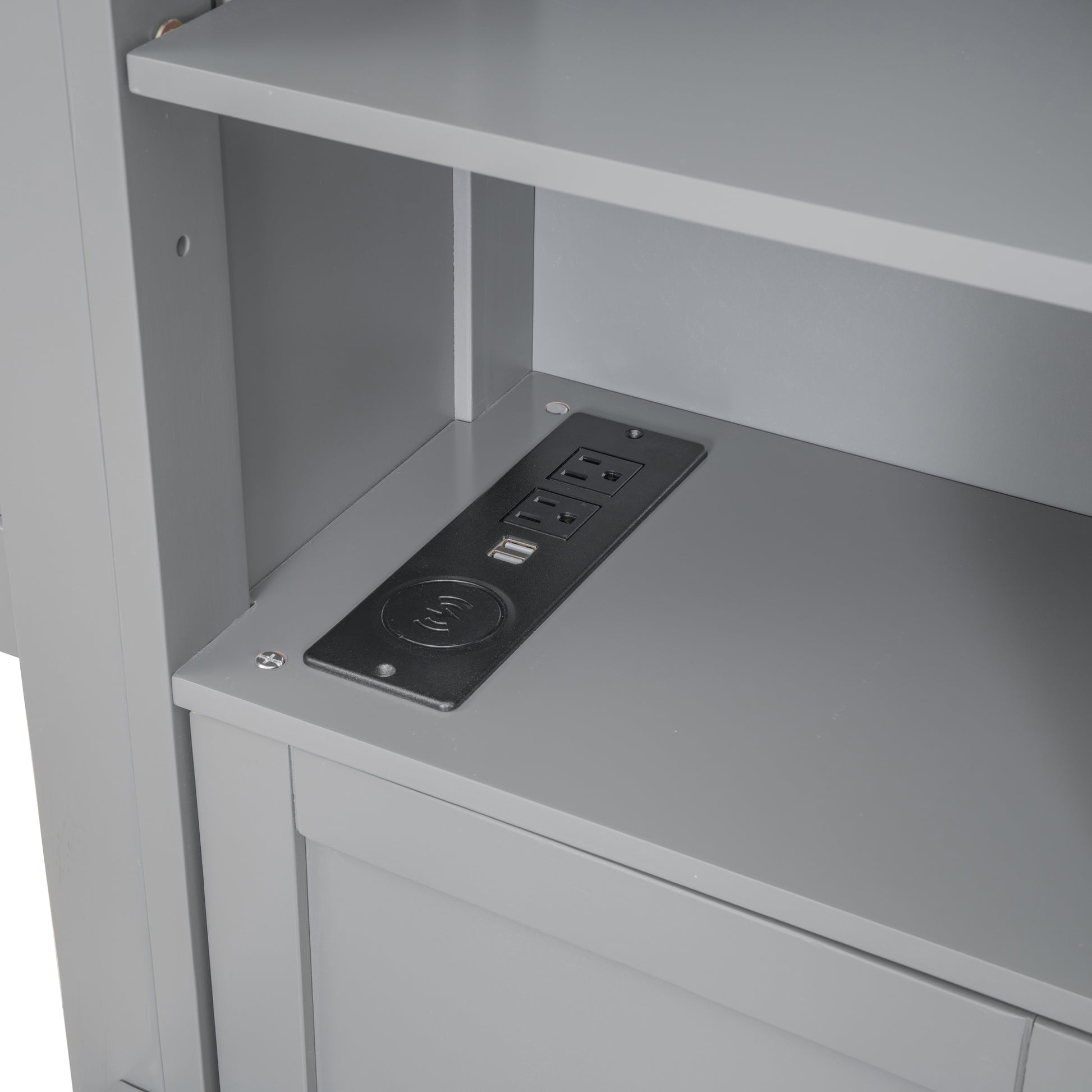 Gray entertainment center shelf with integrated power strip and wireless charger