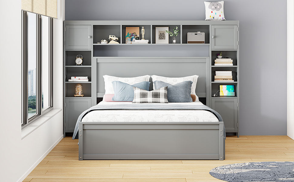 Gray wooden bed frame with builtin shelving unit and storage cabinets