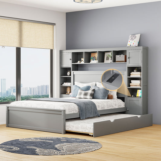 Gray twin daybed with pullout trundle and integrated shelving unit