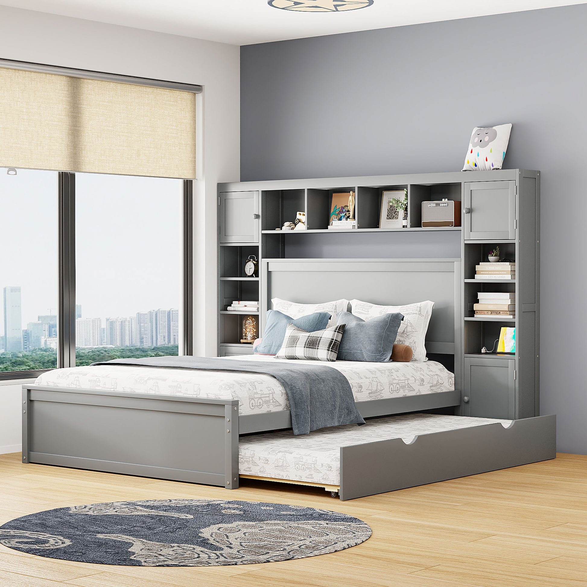 Grey twin murphy bed with pullout trundle and integrated shelving unit