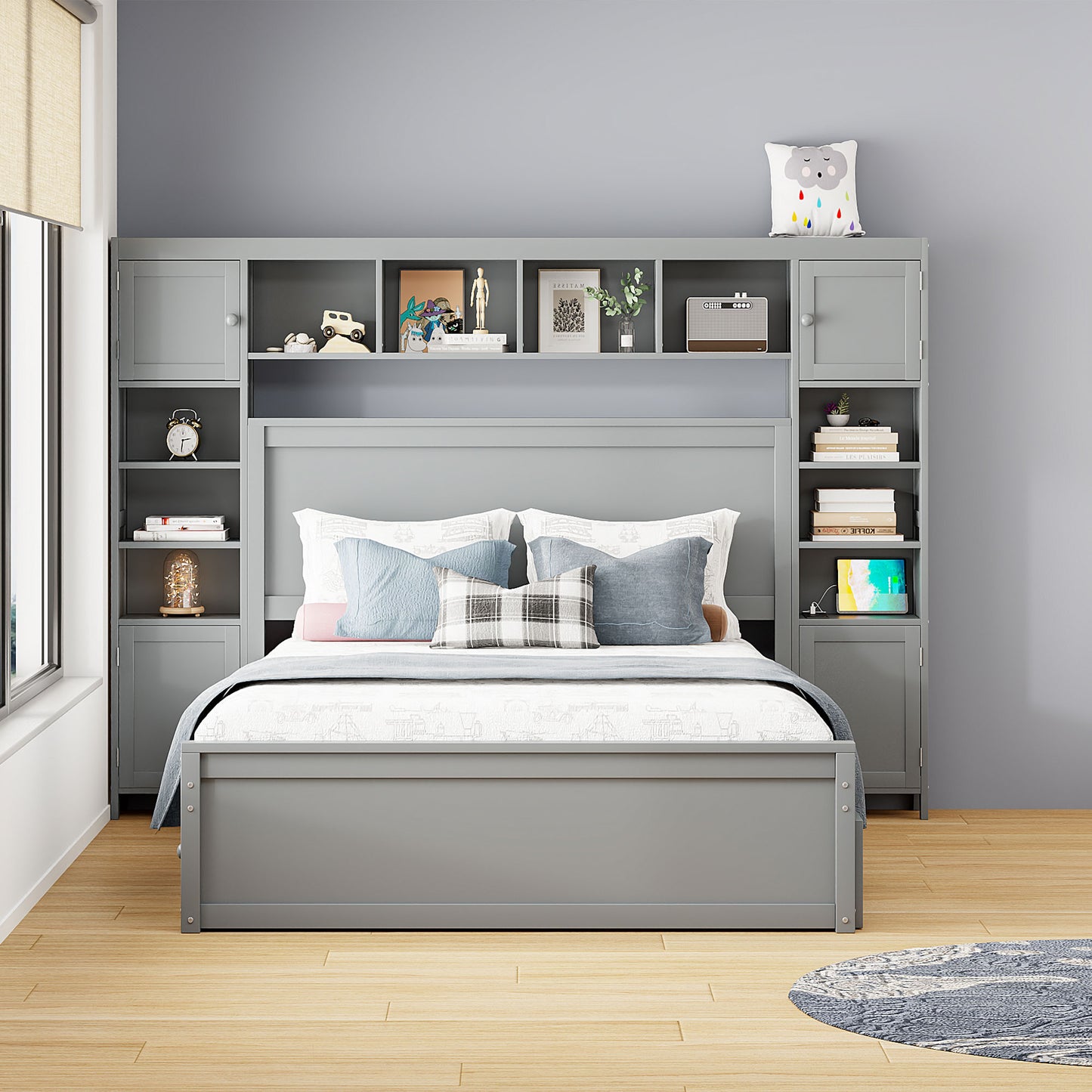 Grey wooden twin bed frame with integrated headboard shelving unit