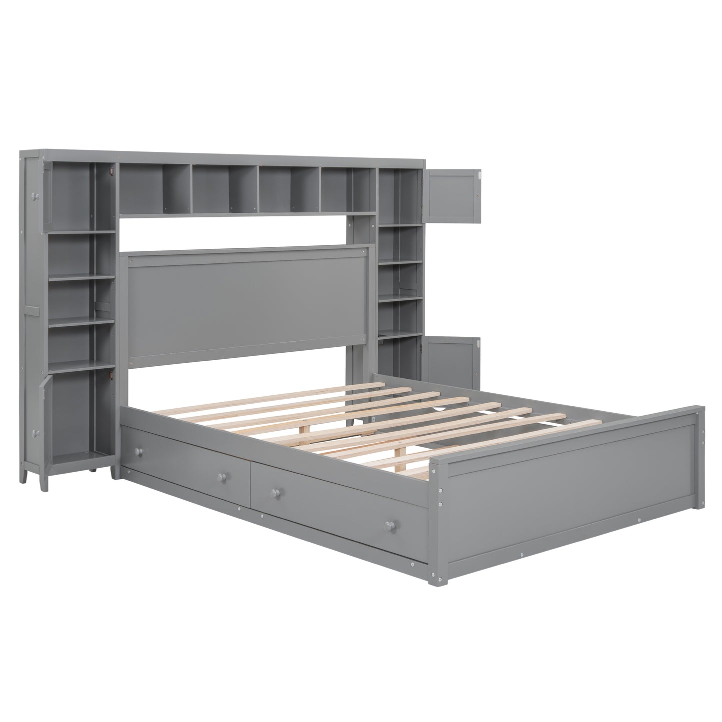 Gray storage bed with headboard shelves and side cabinets